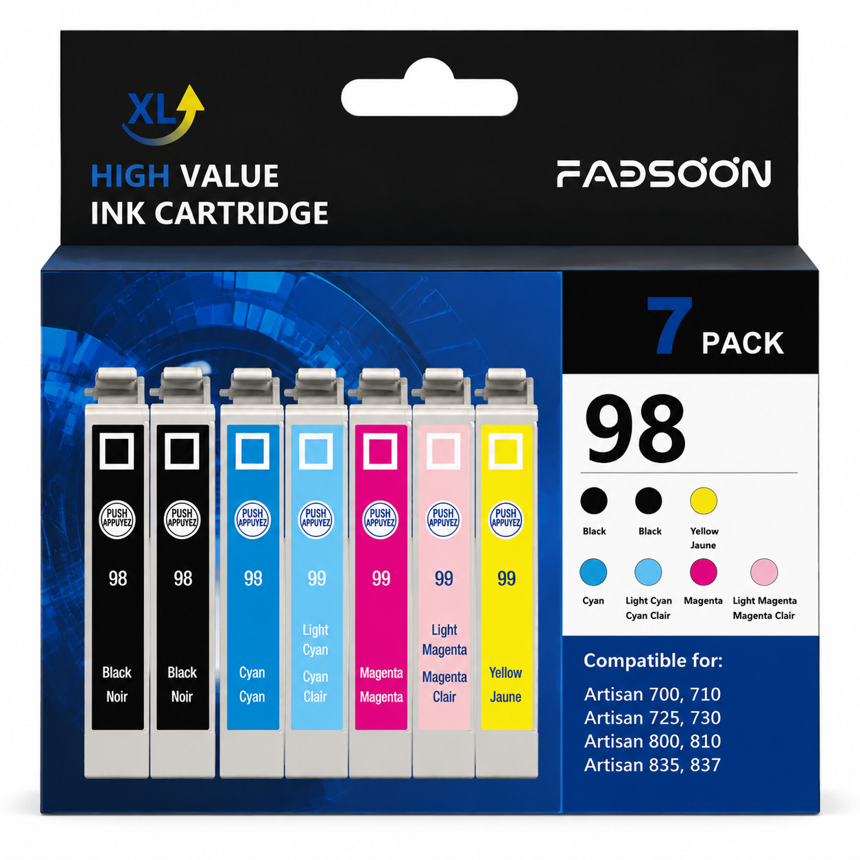 FADSOON® T098 98 7-Pack Ink Cartridge for Epson Artisan 700 710 725 730 800 810