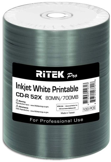 200-Pak Ritek PRO White Inkjet Hub Printable 52X 80-Min CD-R's in Tapewrap