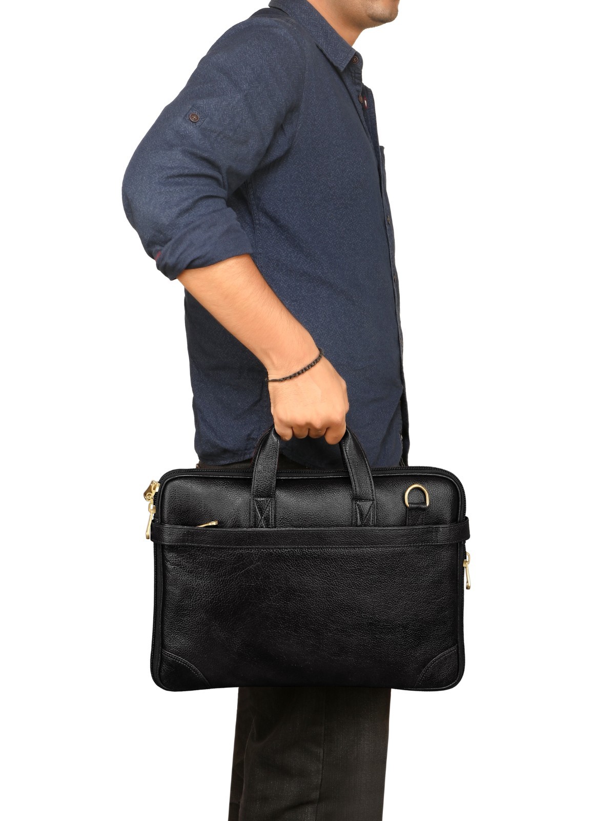 Black Leather Briefcase, 15 Inch Slim Laptop Bag, Business Office Work bag