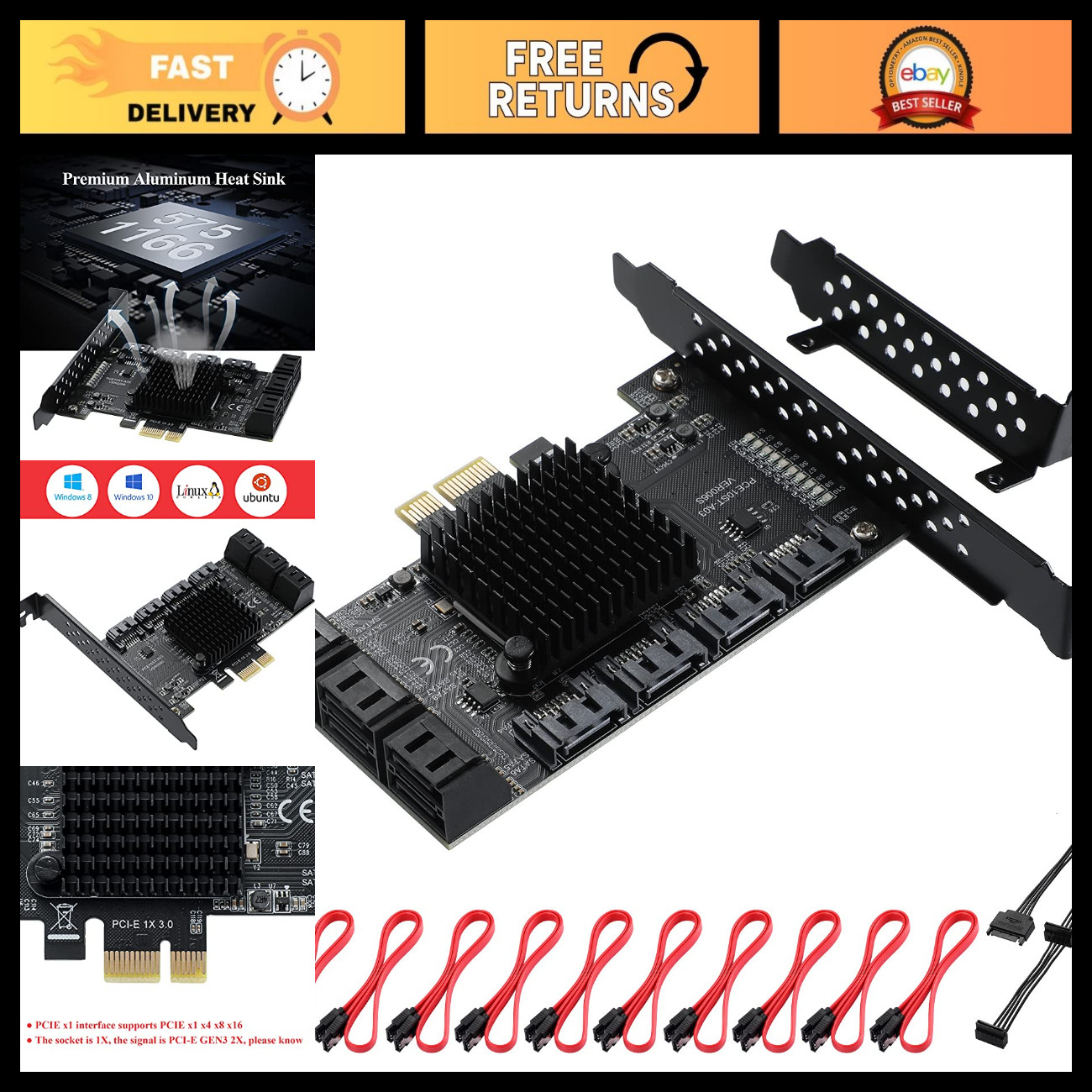 10-Port SATA III PCIe Expansion Card - 6Gbps, Hot Swap, Plug & Play for PC/NAS/S