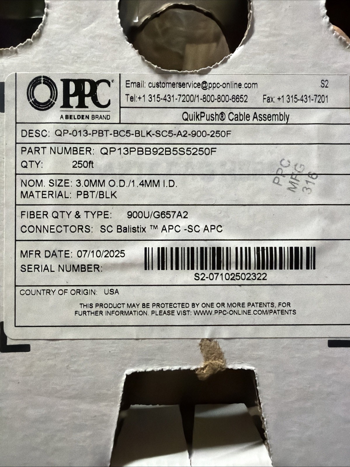 PPC by Belden - QP-013-PB-BC5-BLK-SC5-A1-250-250ft