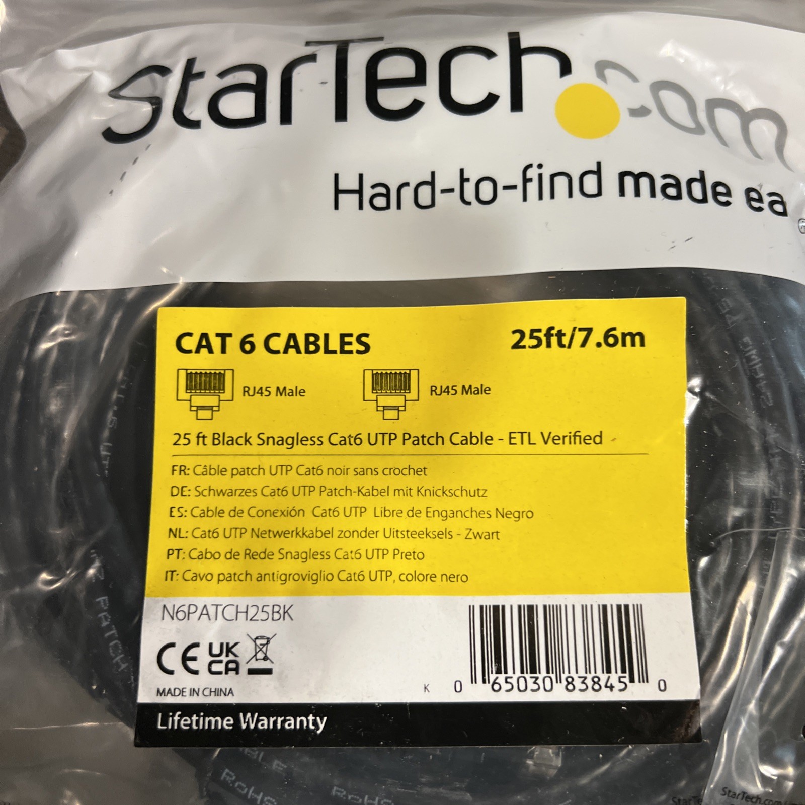 12pk Startech N6PATCH25BK 25FT BLACK CAT 6 CABLE