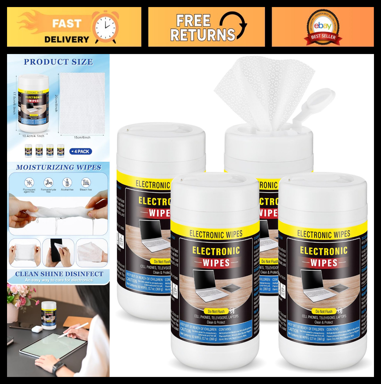 480 Count Electronic Screen Cleaning Wipes - 8 Pack, Anti-Static, Streak-Free