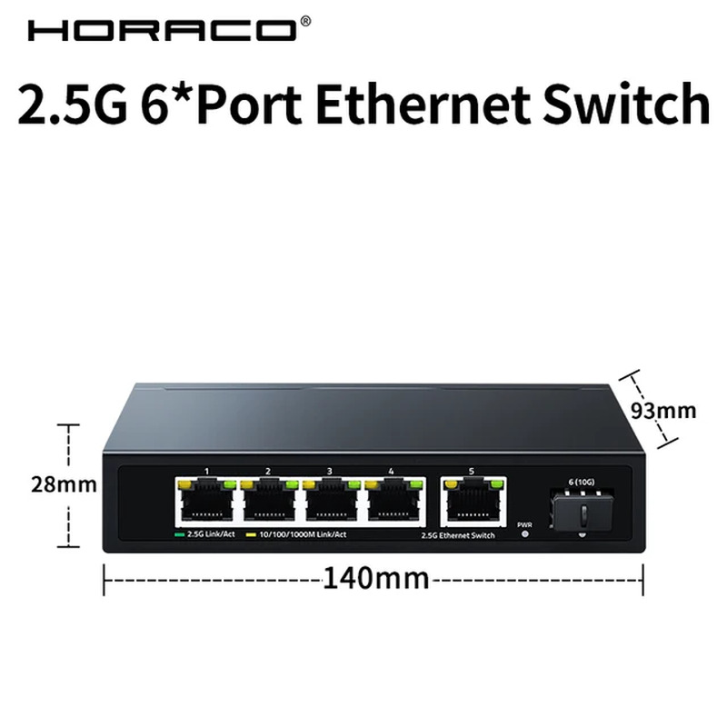 HORACO 2.5G Ethernet Switch 5 Port 2500Mbps Network Switcher 10G SFP Uplink