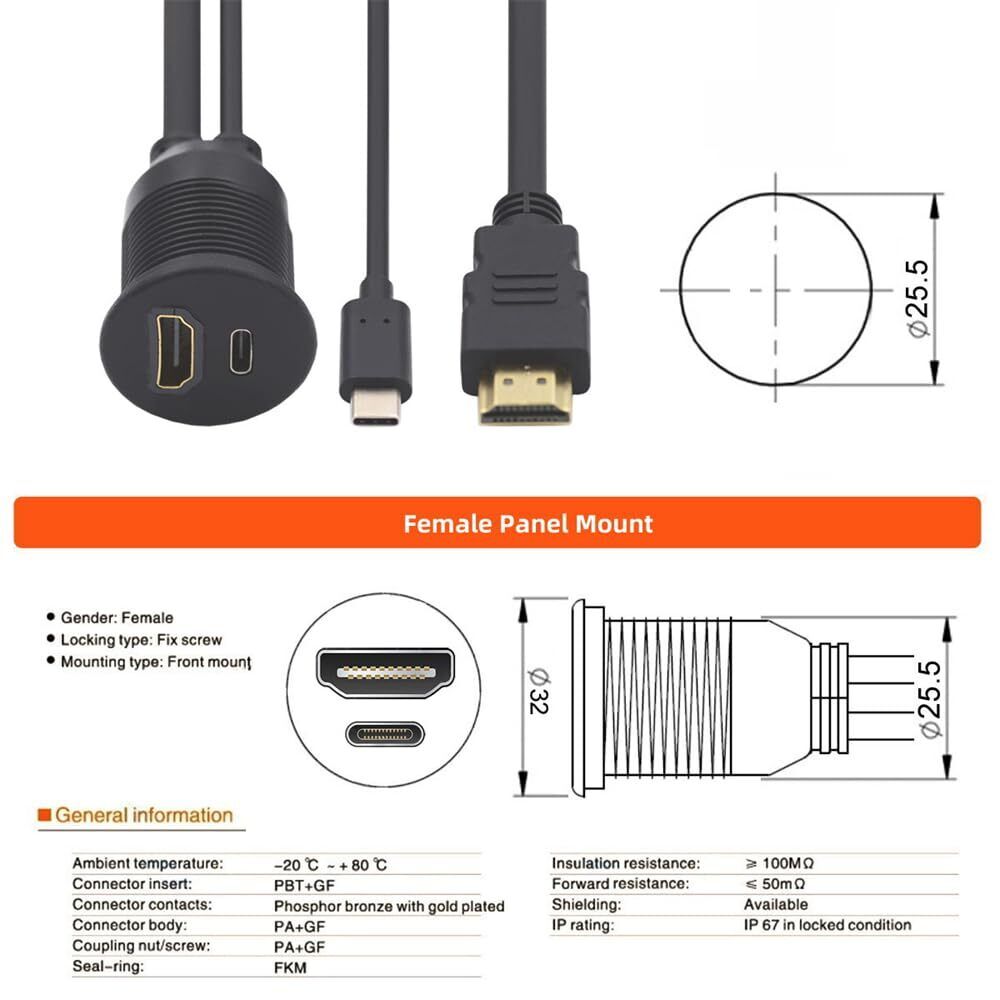 NFHK Waterproof Dustproof USB-C Type-C USB 3.1 &HDMI 4K Extension Flush