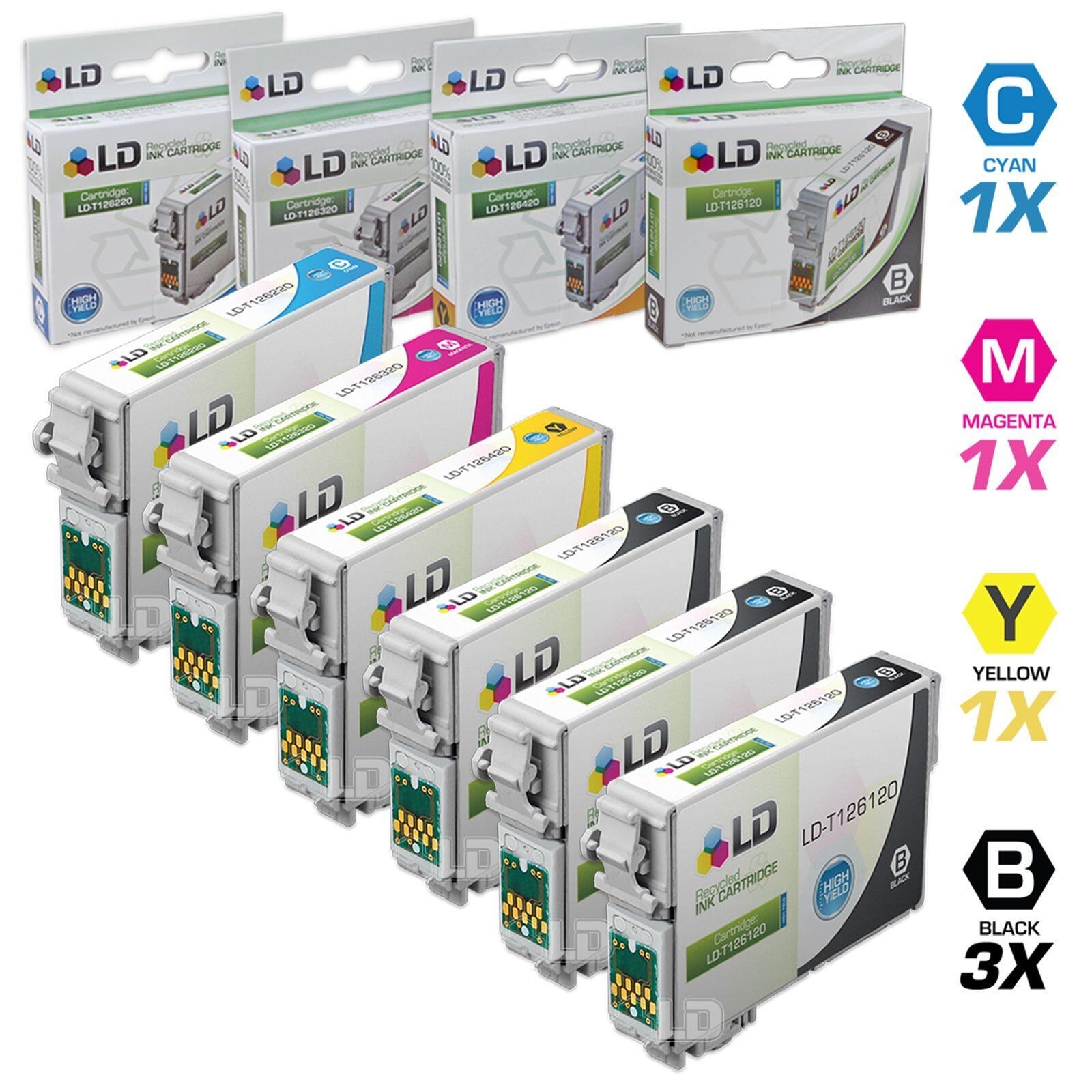LD Reman Ink Cartridge for Epson T126 126 3 Set: T126120 T126220 T126320 T126420