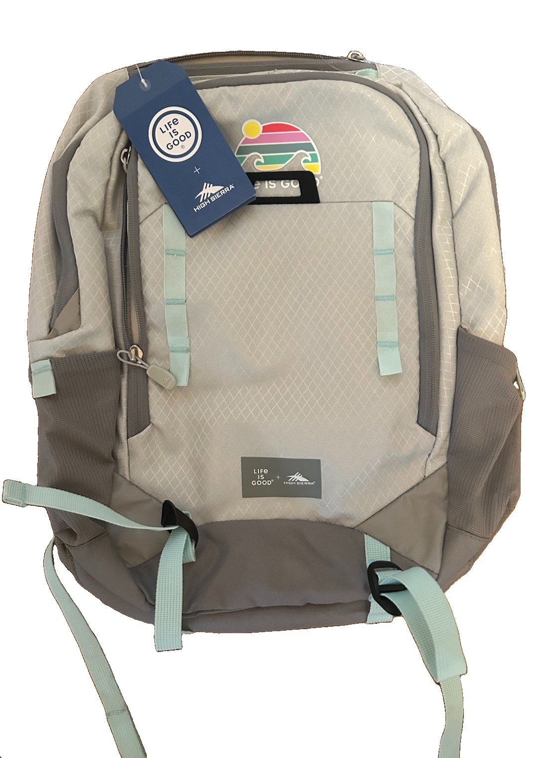 High Sierra x Life Is Good Backpack Grey Mint Rainbow Wave Laptop Daypack NWT