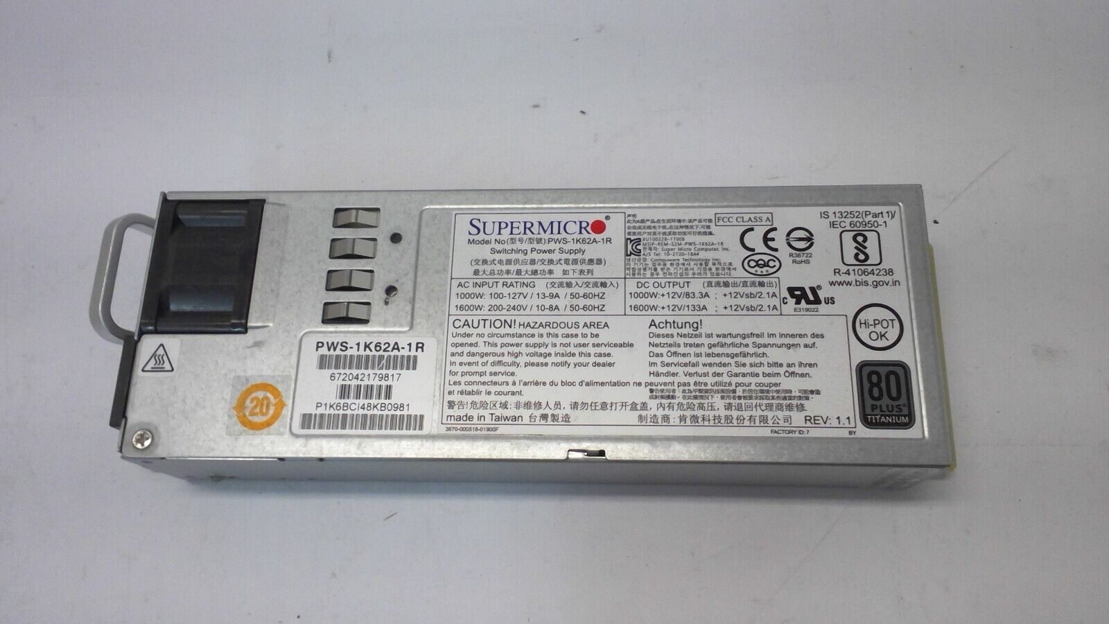 Supermicro 1000W/1600W 1U Redundant Power Supply PWS-1K62A-1R