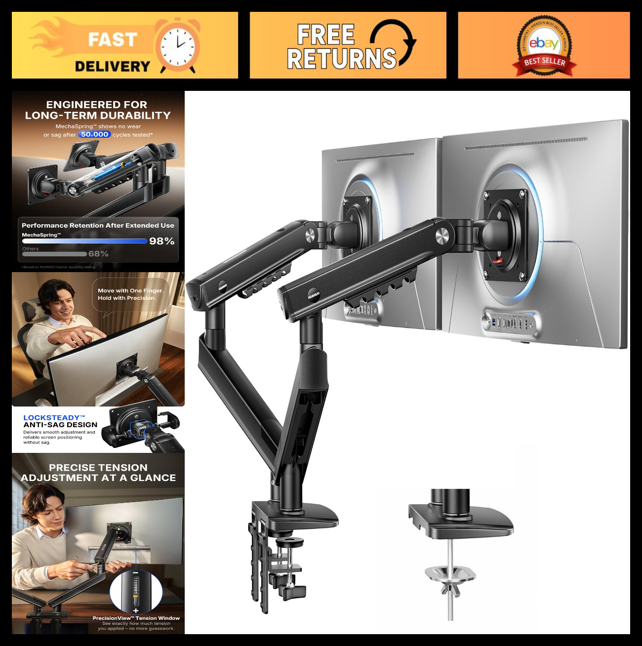 Dual Monitor Mount for 13-32" Screens, Adjustable Arms, VESA Compatible, Tilt/Sw