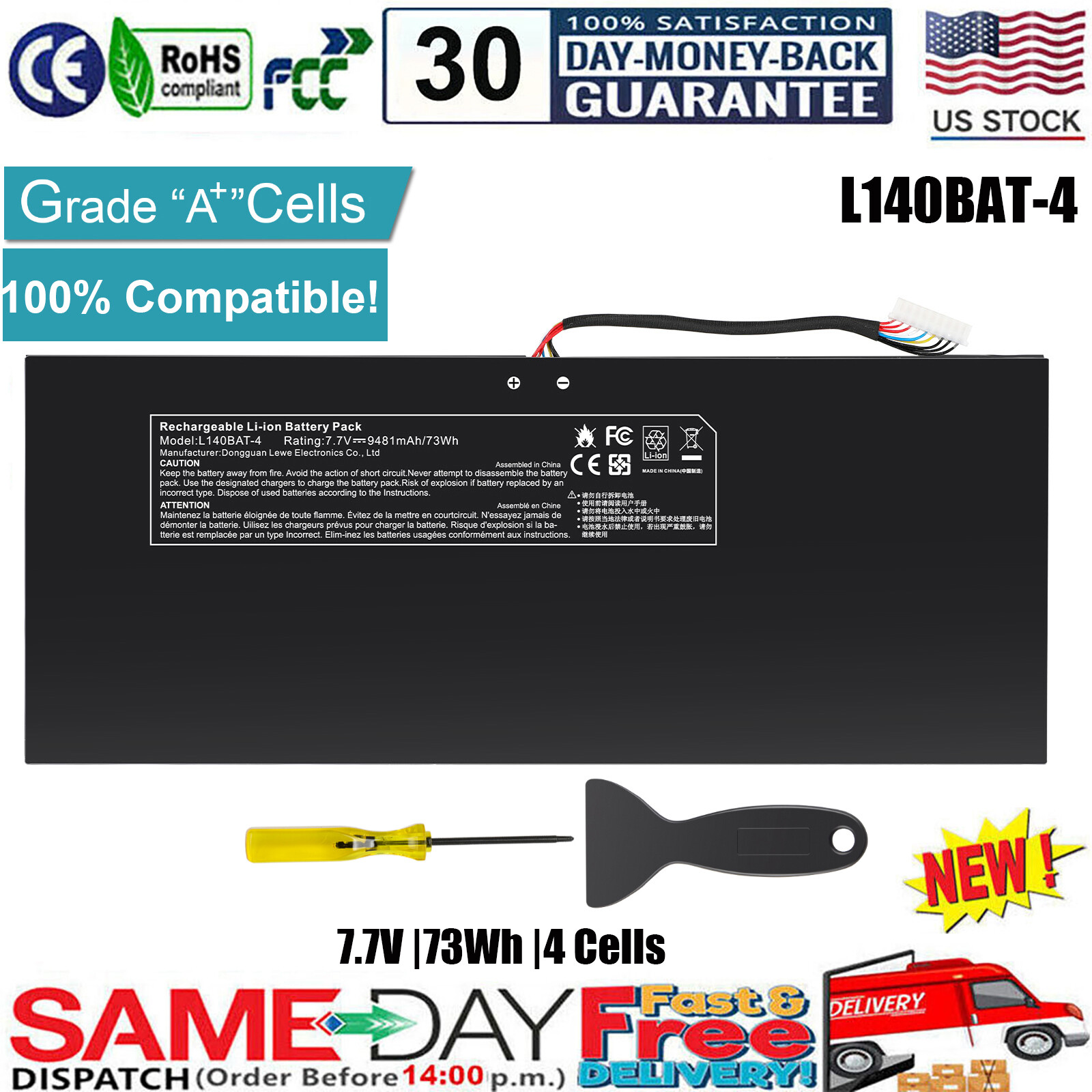 ✅L140BAT-4 6-87-L140S-72B01 Battery For System76 Lemur Pro 14 2020 2021 2022 NEW