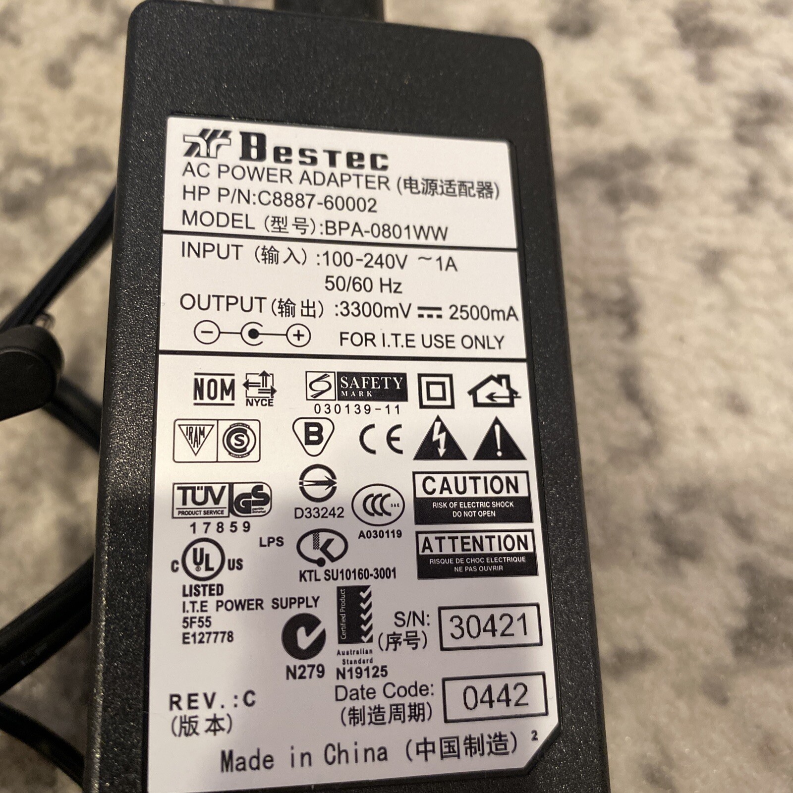 Tested OEM BESTEC Power Supply Cord AC ADAPTER Charger BPA-0801WW C8887-60002 HP