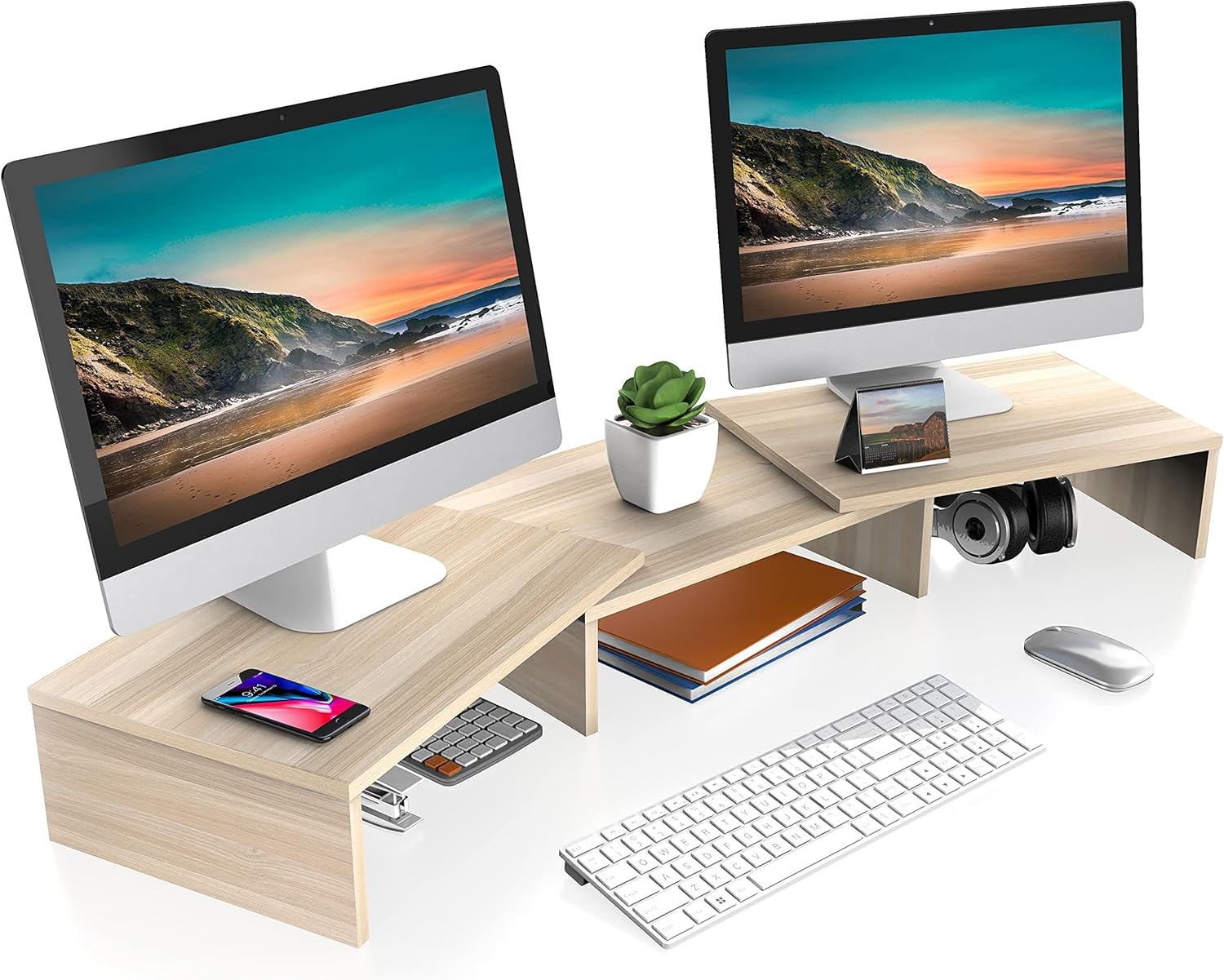 Dual Monitor Stand Riser Adjustable Length and Angle Oak