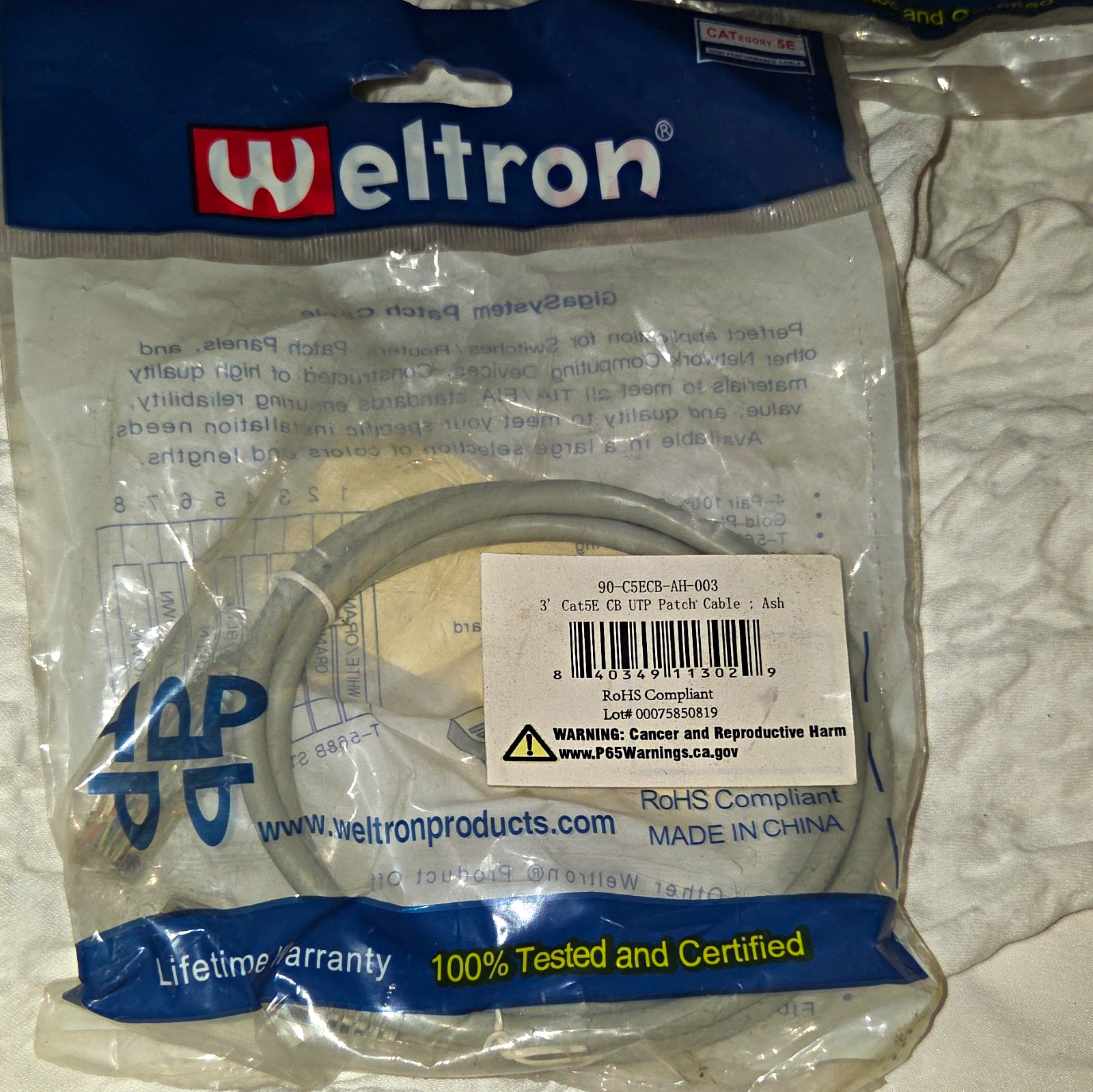 Weltron Cat5e UTP Patch Cable 3 ft Ash RJ-45 to RJ-45 90-C5ECB-AH-003