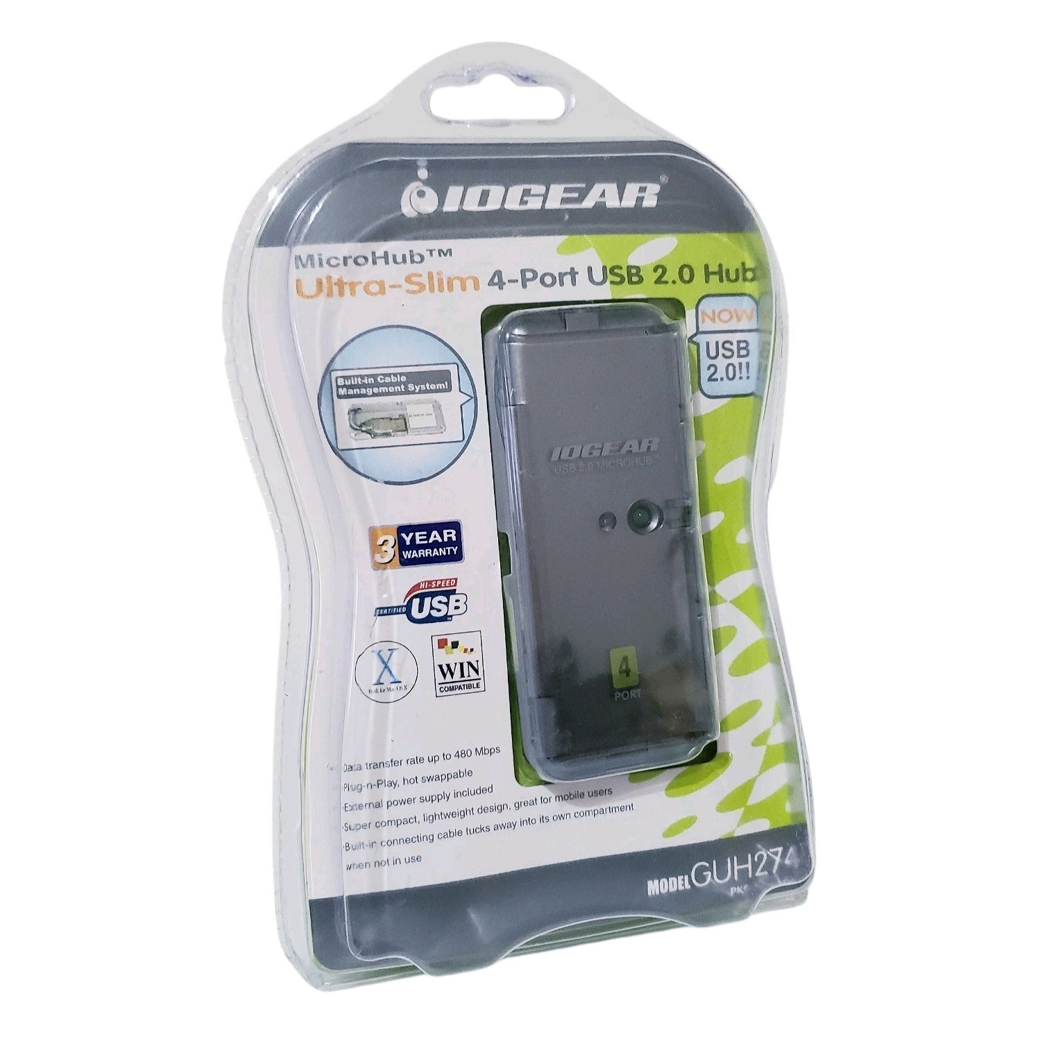 IOGear Ultra Slim 4-Port USB 2.0 MicroHub GUH274 New Sealed