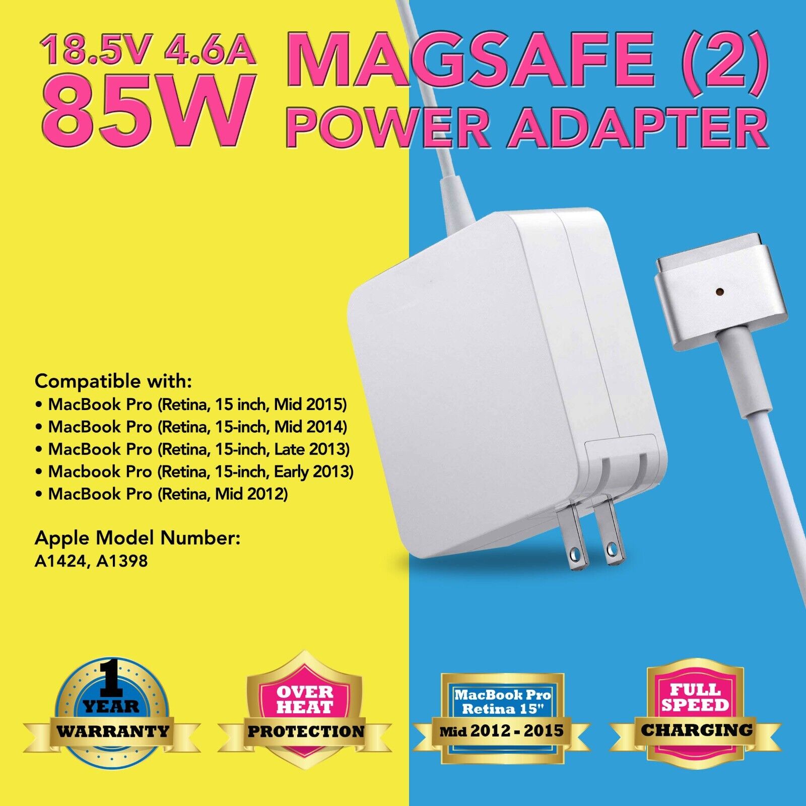 New 85W For MacBook Pro MagSafe2 Power Adapter Charger A1398 Late 12-2015 White