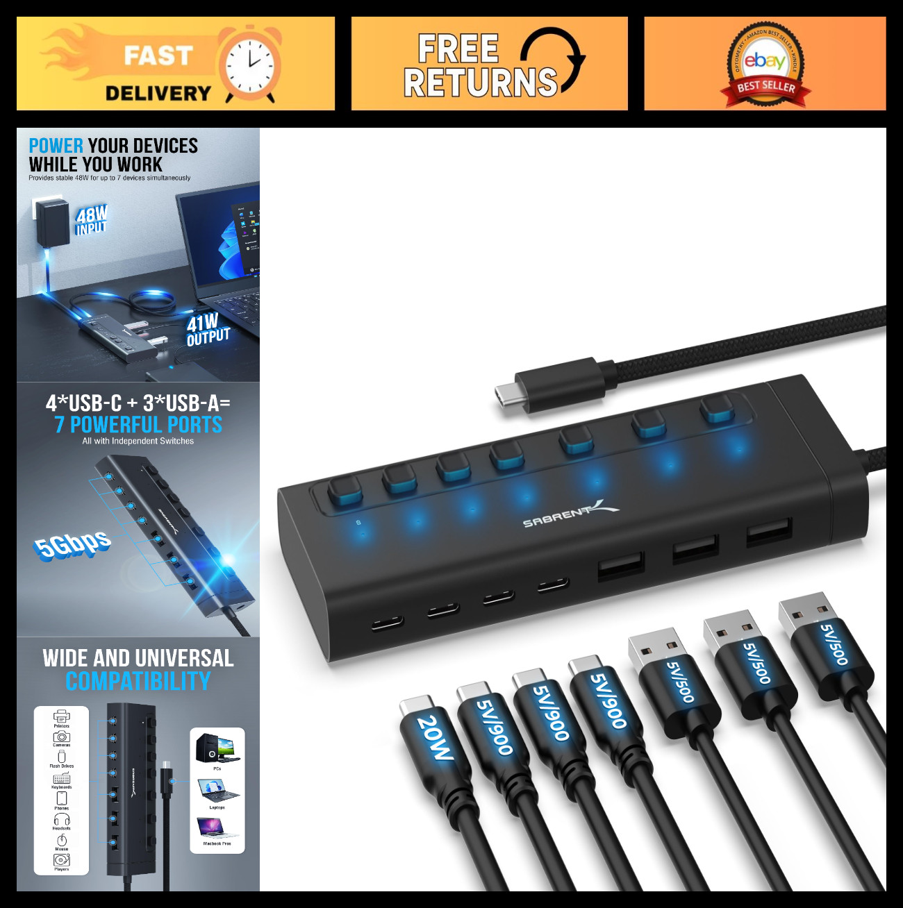 7-Port USB-C Hub, 48W Power Supply, 5Gbps Data Transfer, 3 USB-A & 4 USB-C Ports