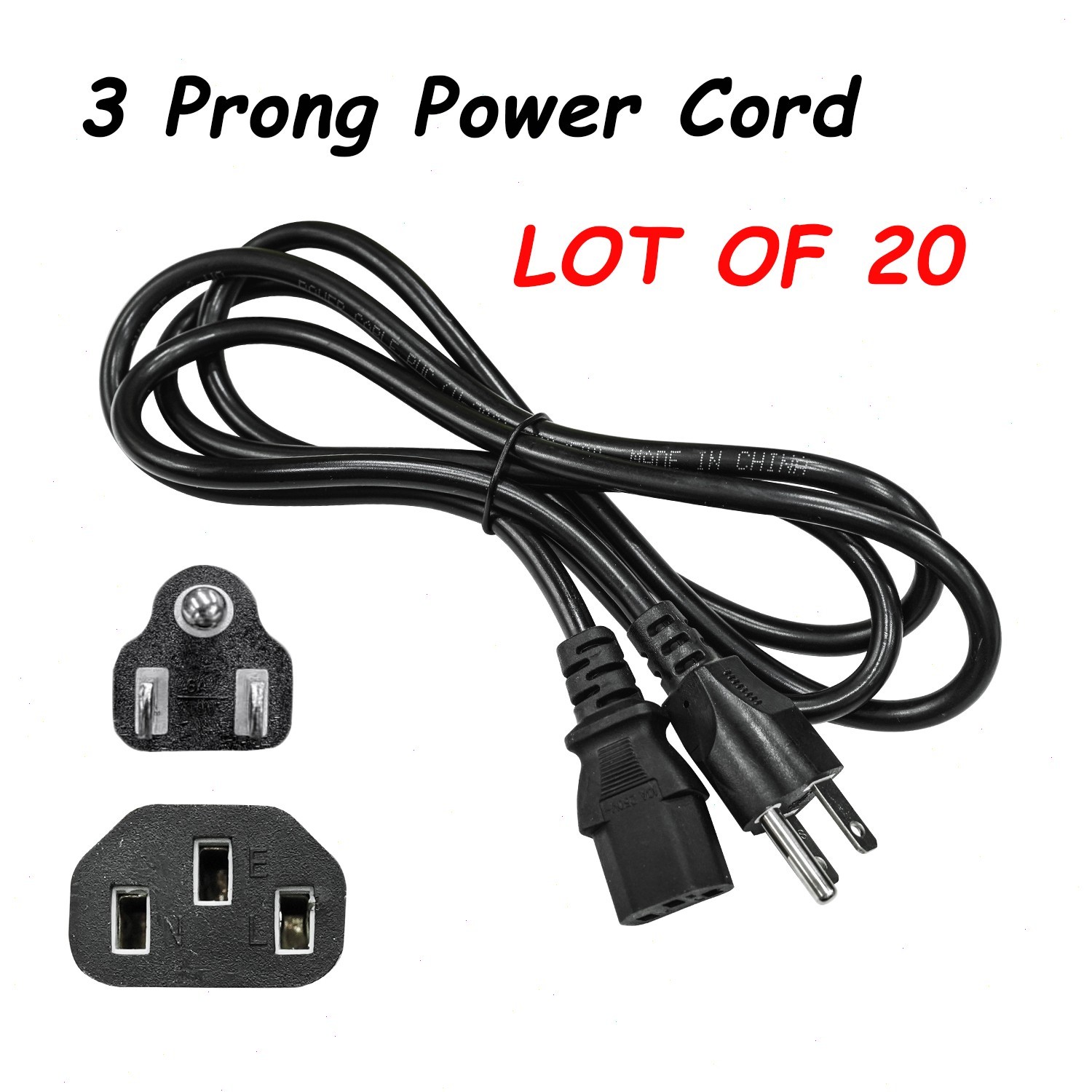 Lot of 20 PCS 3 Prong 6ft Power Cord Cable for PC Monitor Computer Printer