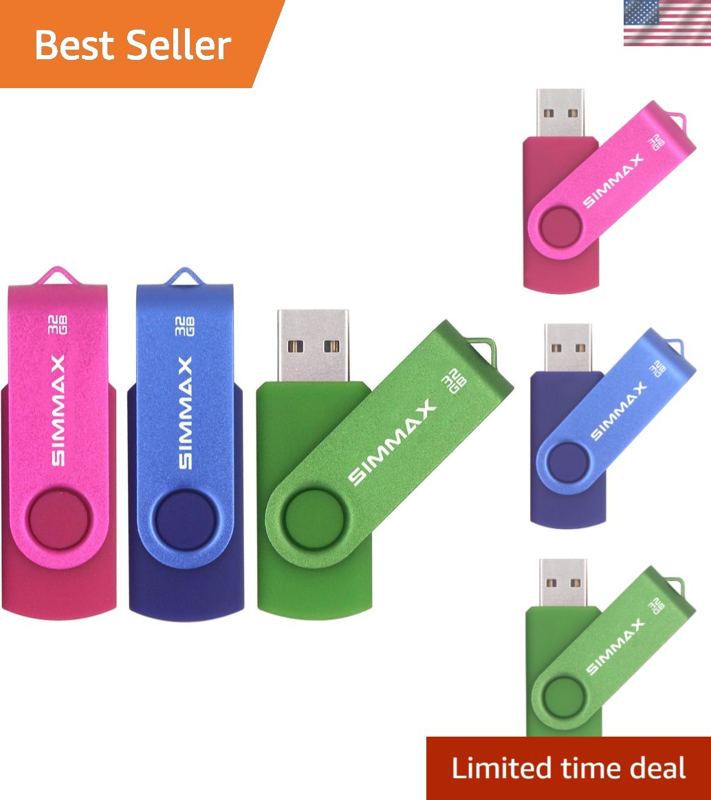 3 Pack 32GB Memory Stick USB 2.0 Flash Drives Swivel Pink Blue Green