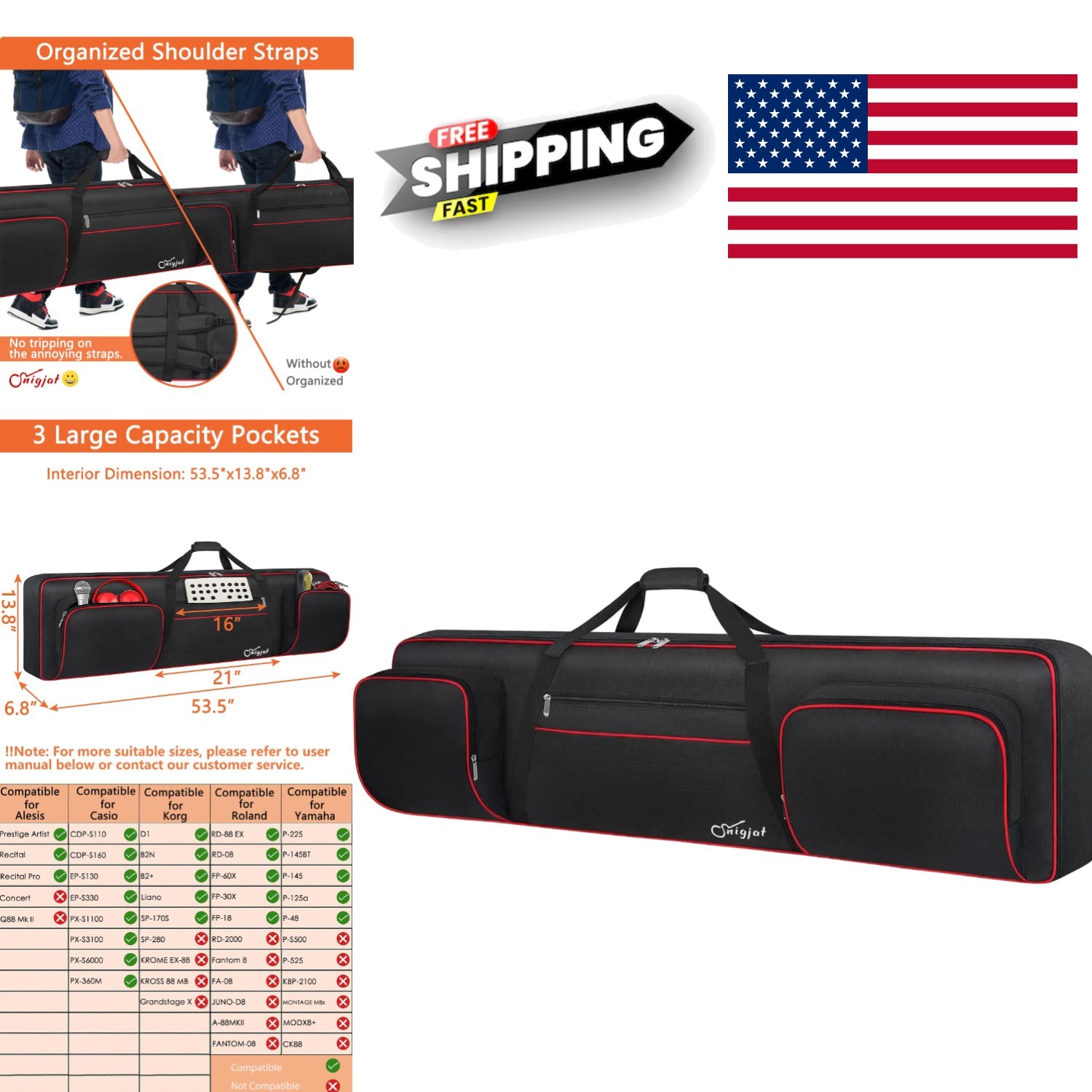 Padded 88 Key Keyboard Carrying Case with Adjustable Straps and Security Belts