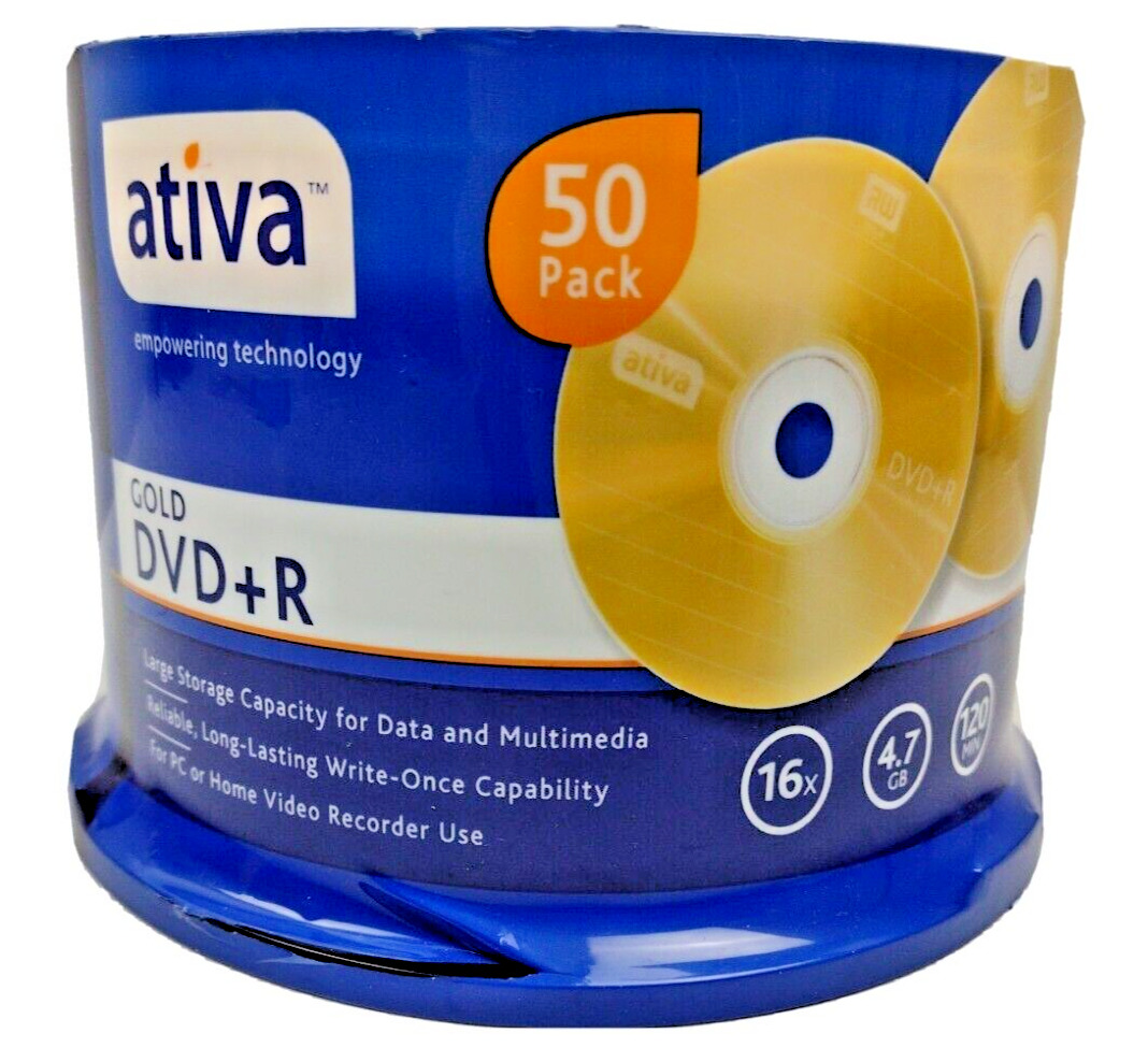 ATIVA GOLD DVD+R 50 PACK 120 MINUTES 16x RECORDABLE DVD NEW SEALED 