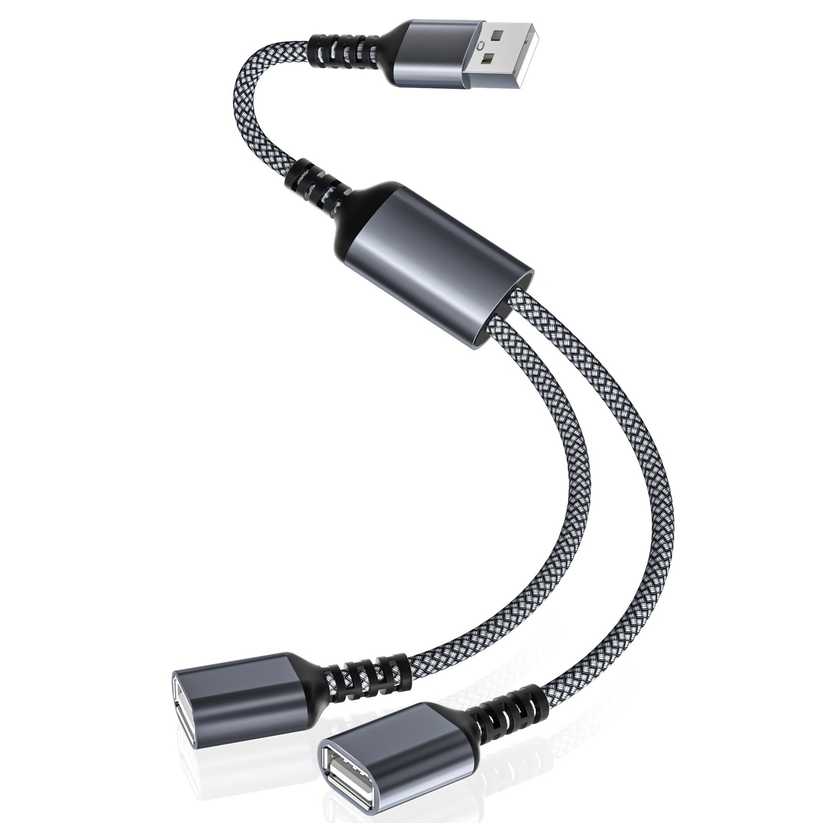 USB Splitter 1FT, Y Cable,1 in 2 Out Dual Port Extender Hub, USB Male to Double