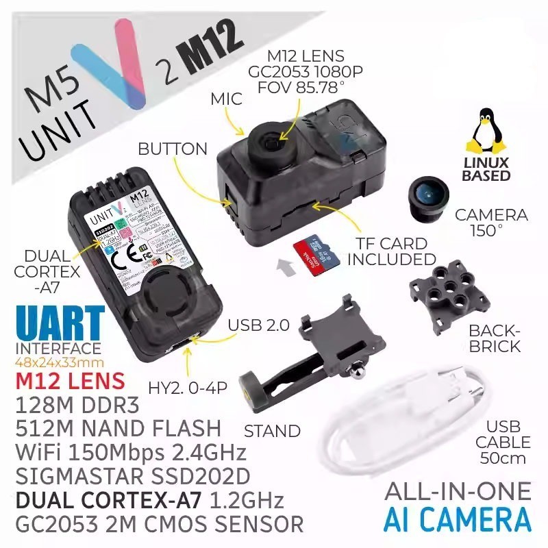 M5Stack UNIT-V2 M12 1080P AI Recognition Camera Programmable Camera Module