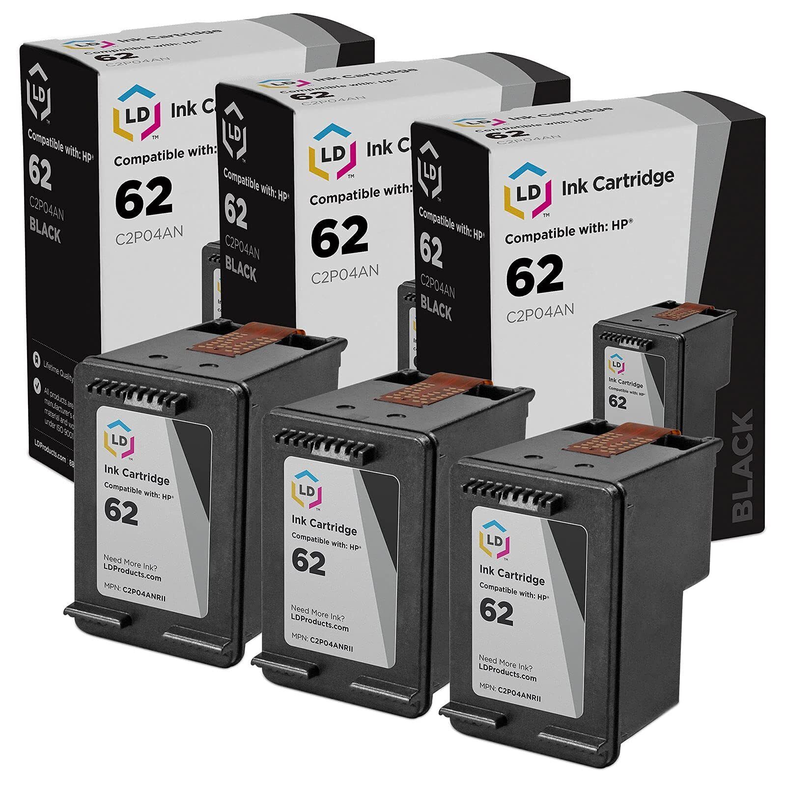 LD Ink Cartridge Replacement for HP 62 C2P04AN (Black, 3-Pack)