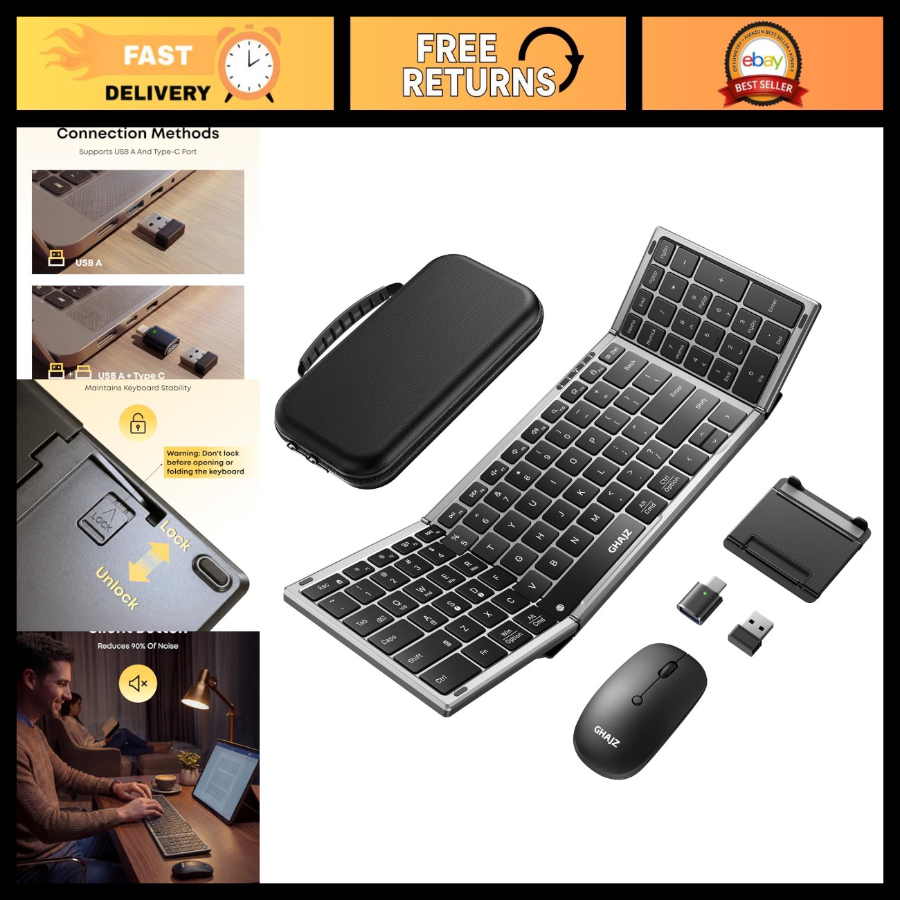 Portable Foldable Wireless Keyboard & Mouse Combo, Bluetooth & USB, Rechargeable