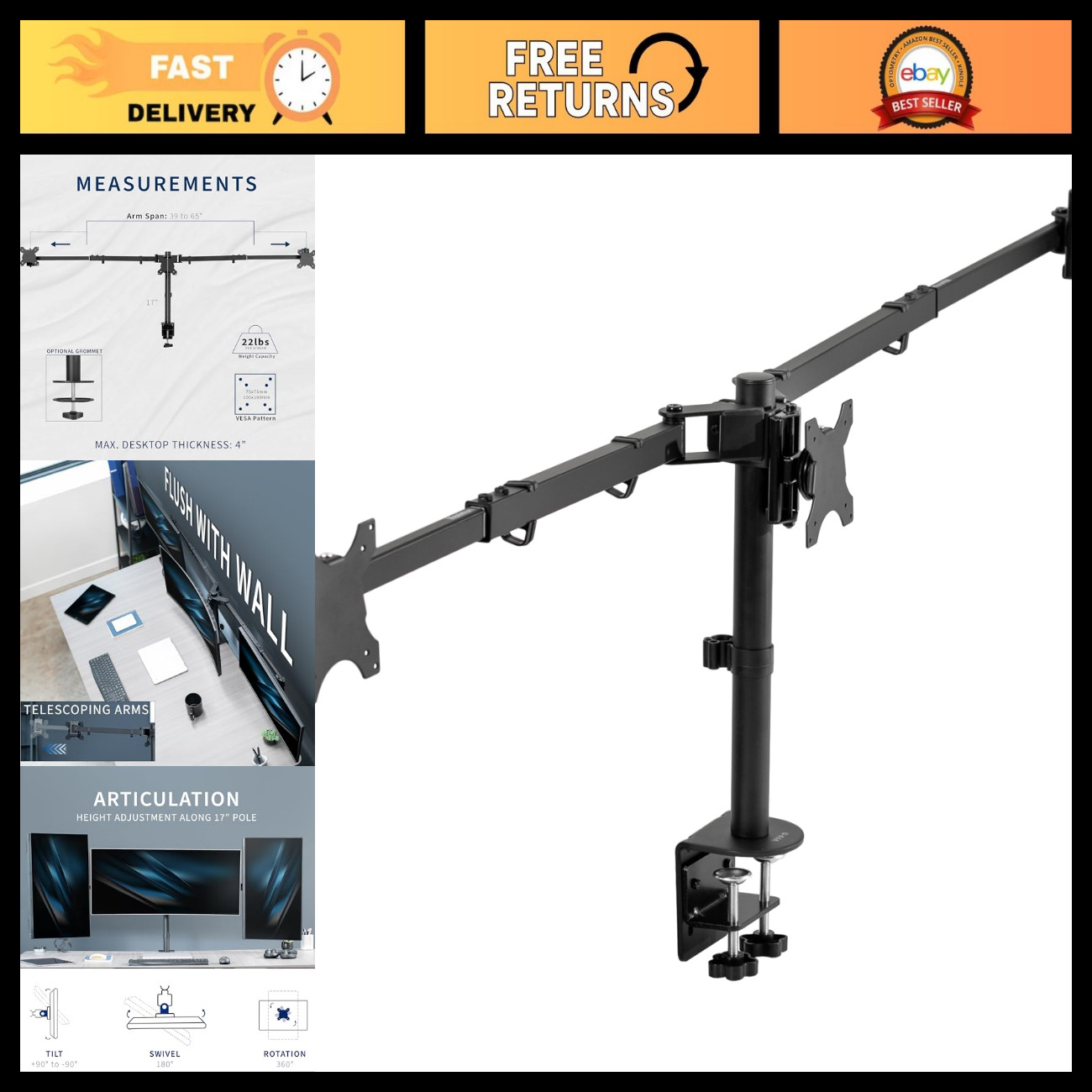 Triple Monitor Desk Mount for 38" Ultrawide Screens, Adjustable Stand, Ergonomic
