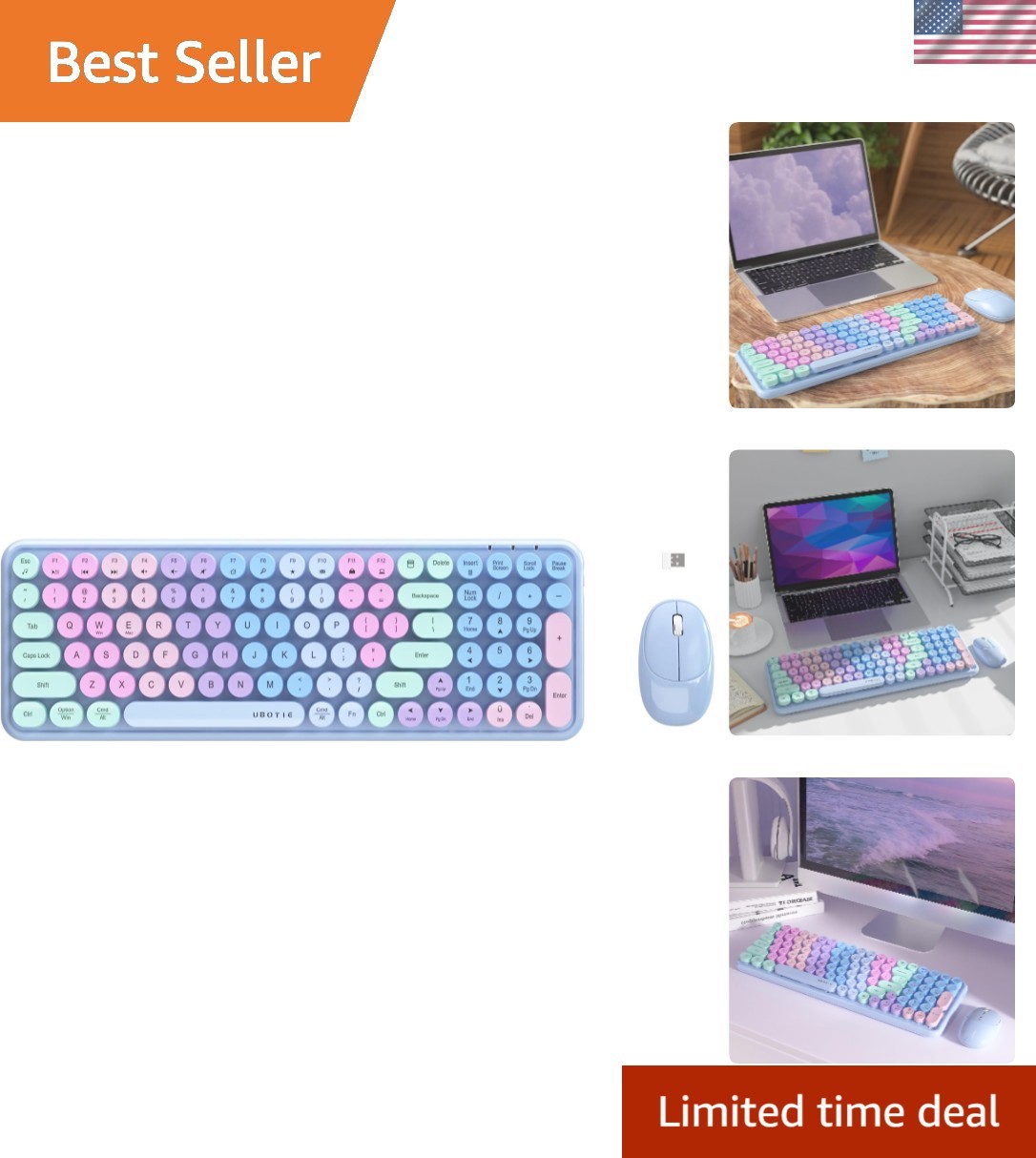 Vibrant Rainbow Wireless Keyboard and Mouse Combo - Retro Style for Home Office