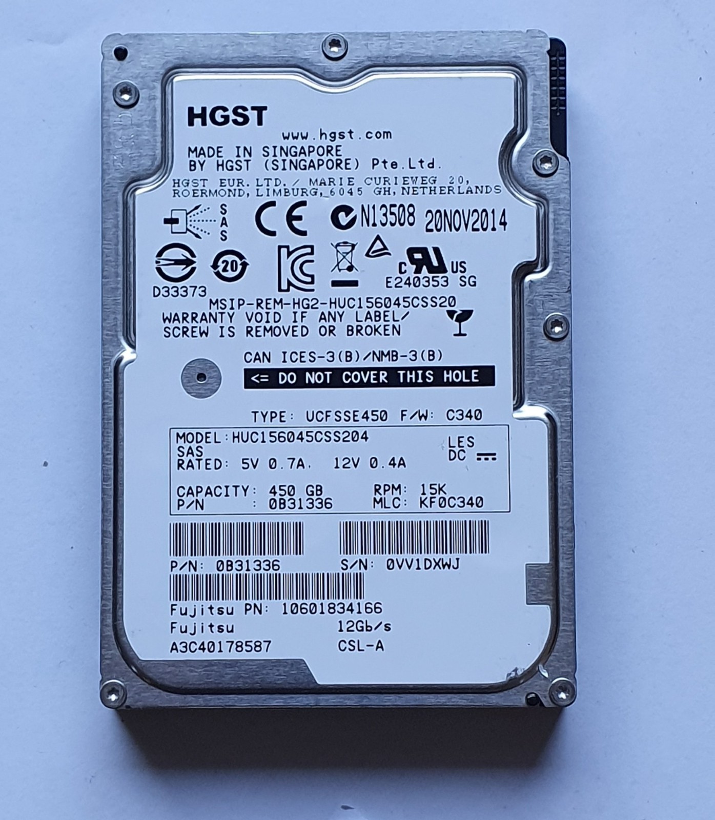 450GB SAS Fujitsu HGST HUC156045CSS204 15000rpm 12Gb/s 2.5" HDD Internal
