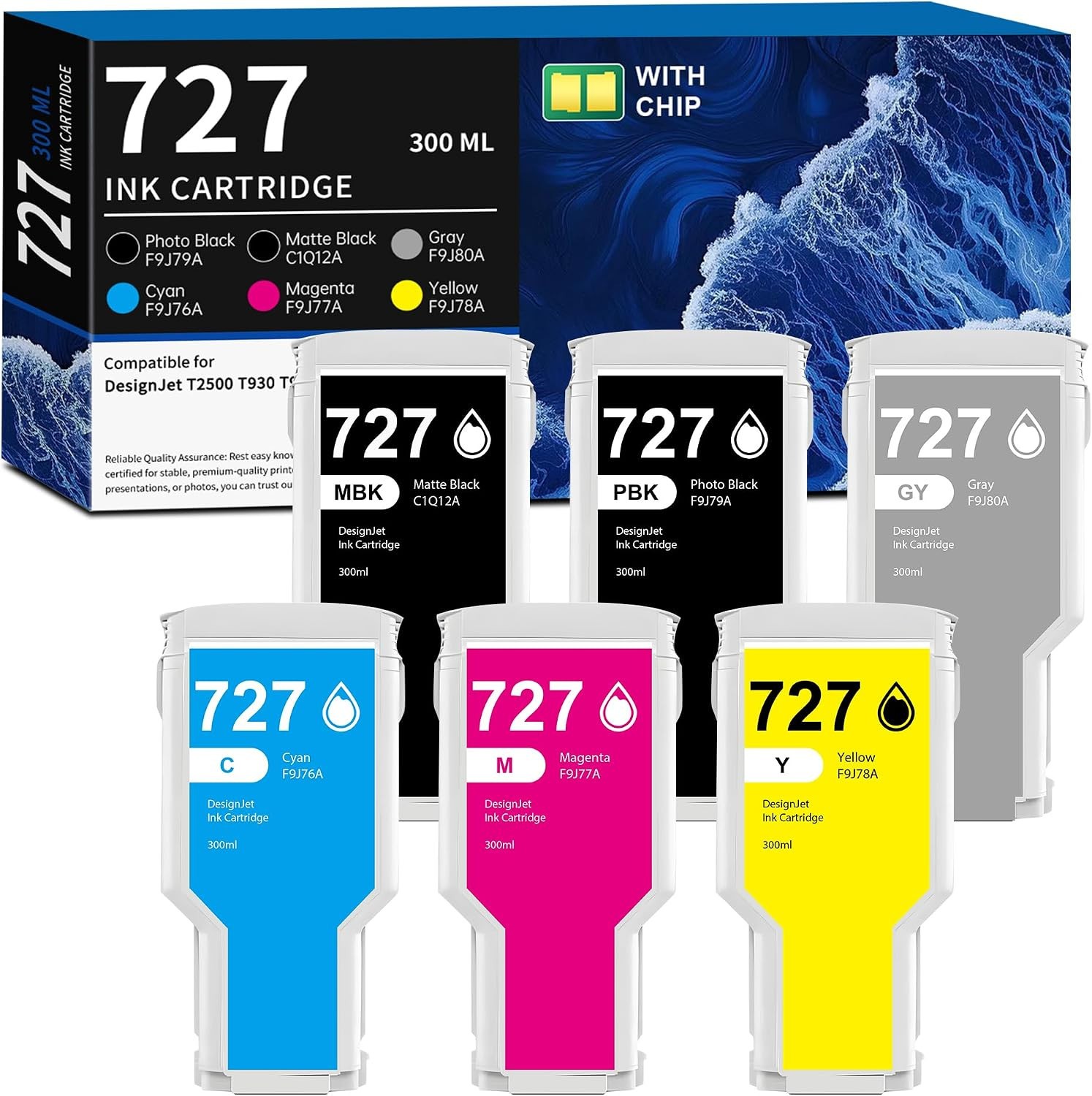 727 Ink Cartridges for DesignJet T2500 T930 Printer, 6 Pack 