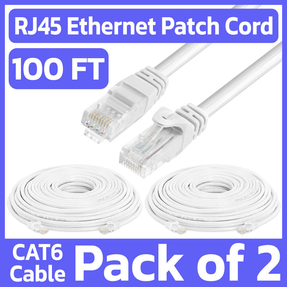2 Pack White Cat6 Cable 100ft Network Patch Cord Ethernet Cable Internet RJ45