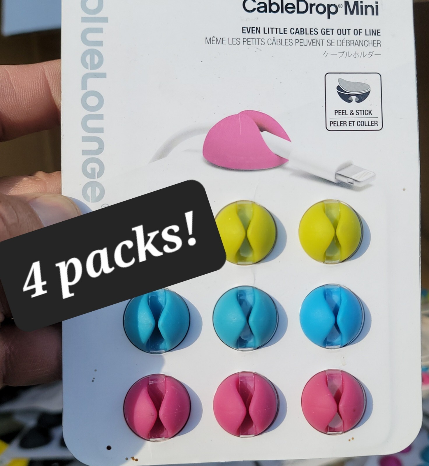 4 PCS Bluelounge CableDrop Mini Bright  Cable Management System Pink Blue Green