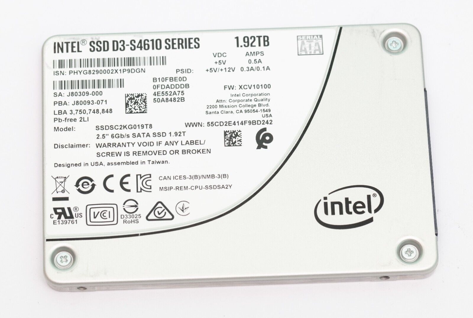 Intel S4610 1.92TB SSD 2.5'' SATA NVMe 6Gb/s Solid State Drive SSDSC2KG019T801