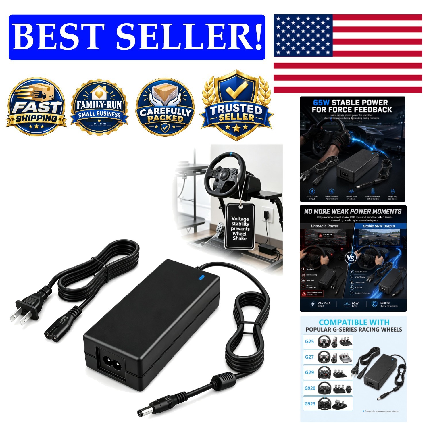 Logitech G920 Power Supply Adapter - Reliable 24V 2.7A Charger with 10FT Cord