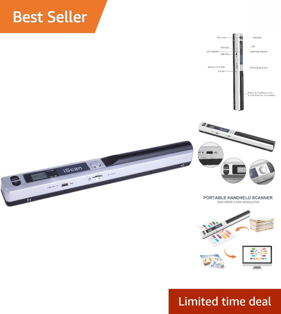 Compact Handheld Scanner - 900DPI, Wireless & USB Connectivity with 16GB Storage
