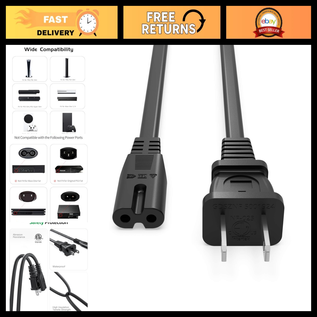 8ft AC Power Cord Cable for PS5, PS4, Xbox Series X/S, TV, Printer, IEC C7 2 Pro