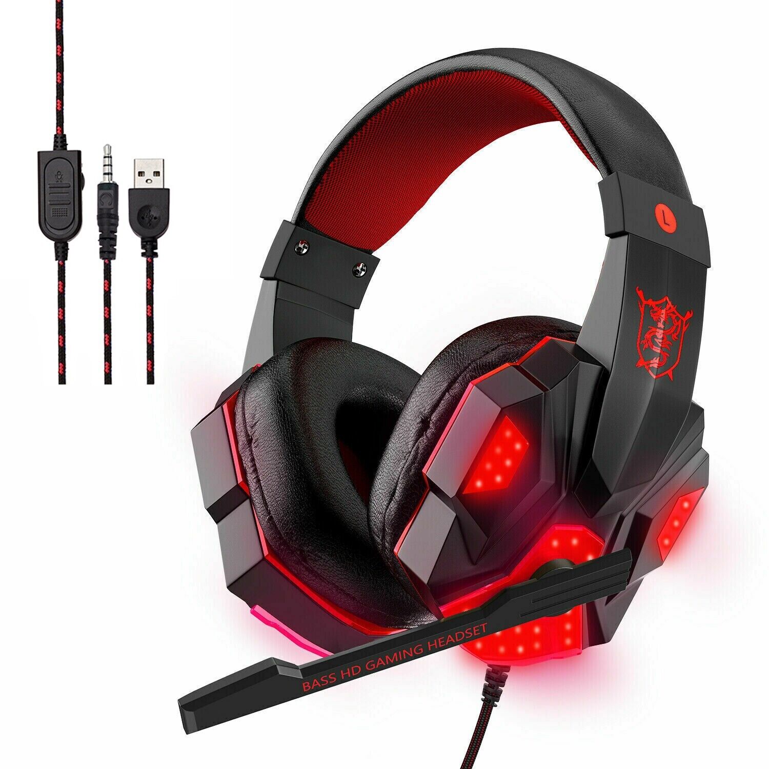 3.5mm Gaming Headset Stereo Bass Surround Mic Headphones for PC PS5 PS4 Xbox One