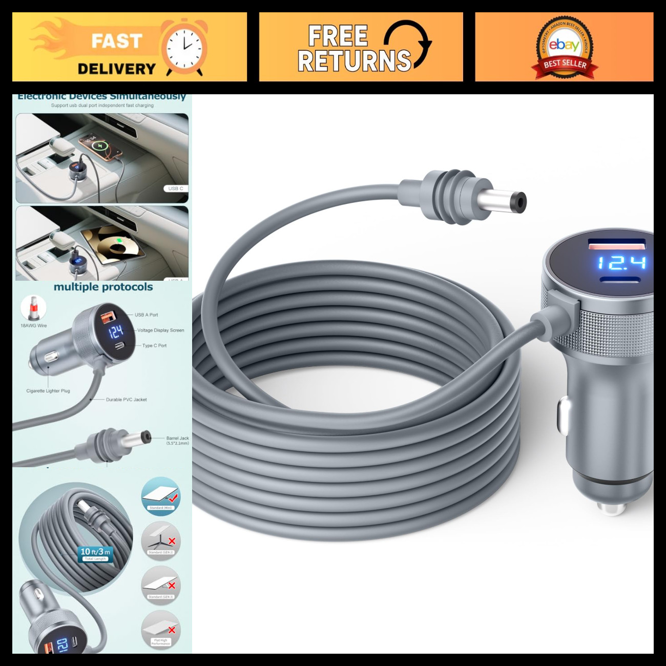 3M/10FT Mini Car Adapter 12V DC Power Cable for Starlink - 3 in 1 Connector