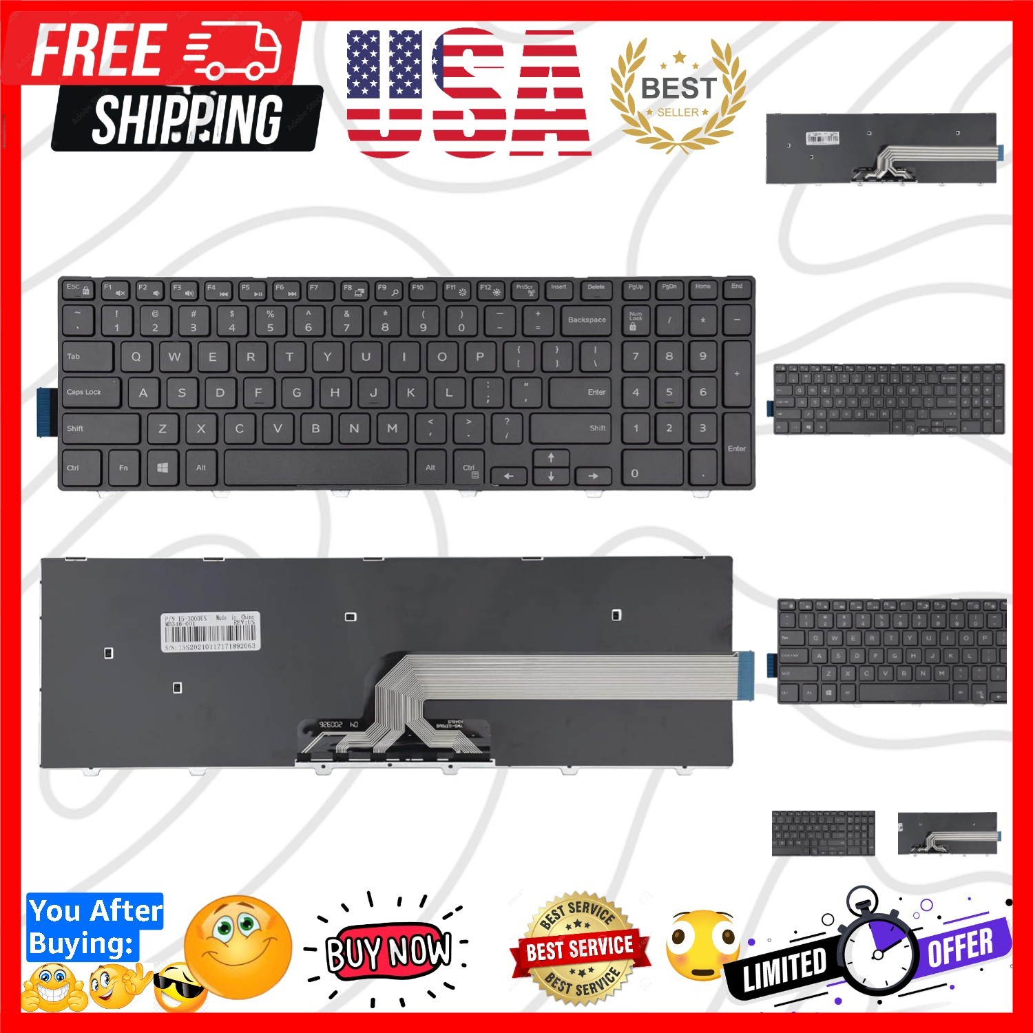 Laptop Replacement Keyboard with Frame Compatible with 15 3000 5000 3541 3542...