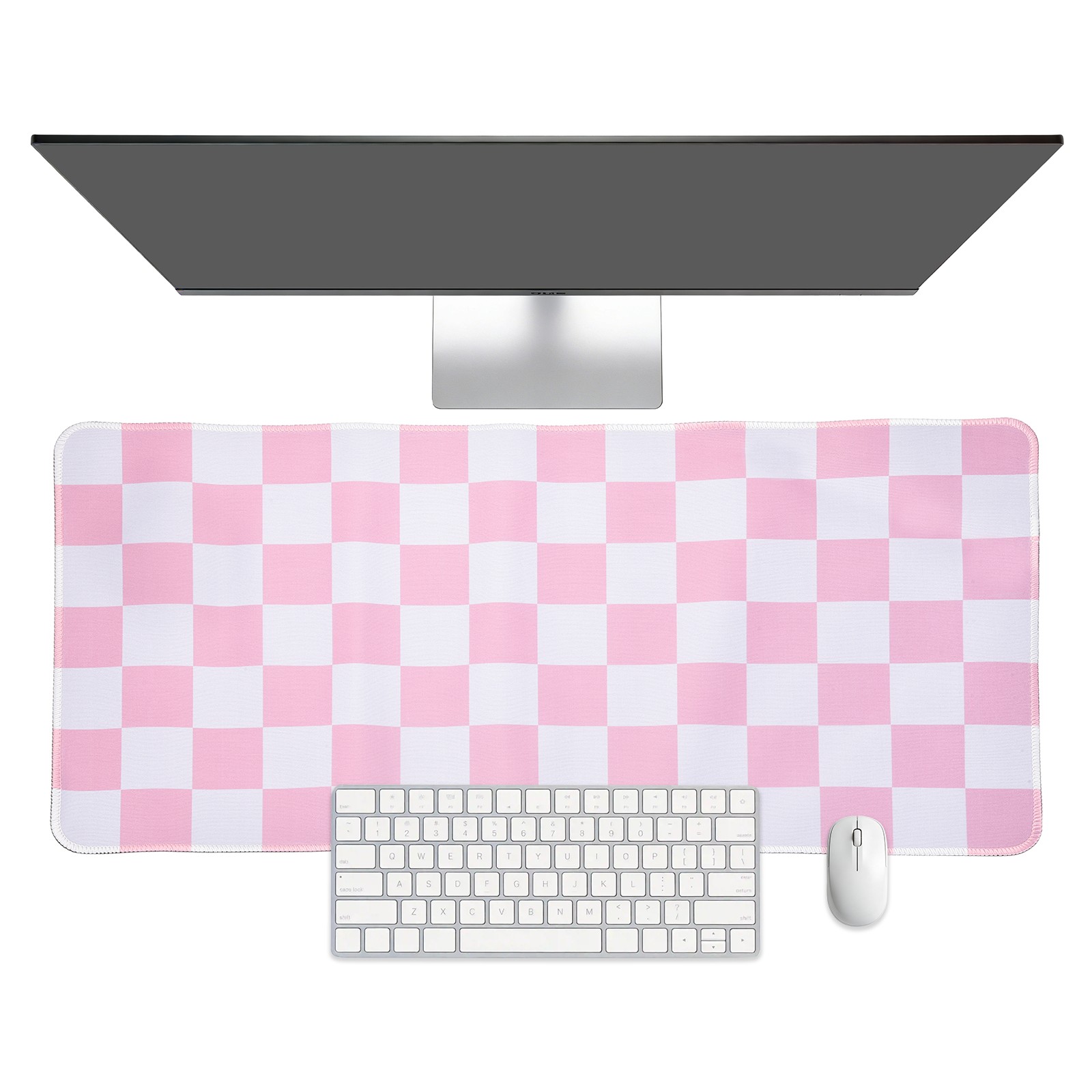 Checkered Desk Mat, 27.6x11.8 Inch Mouse Pad with Non-Slip, Pink/White