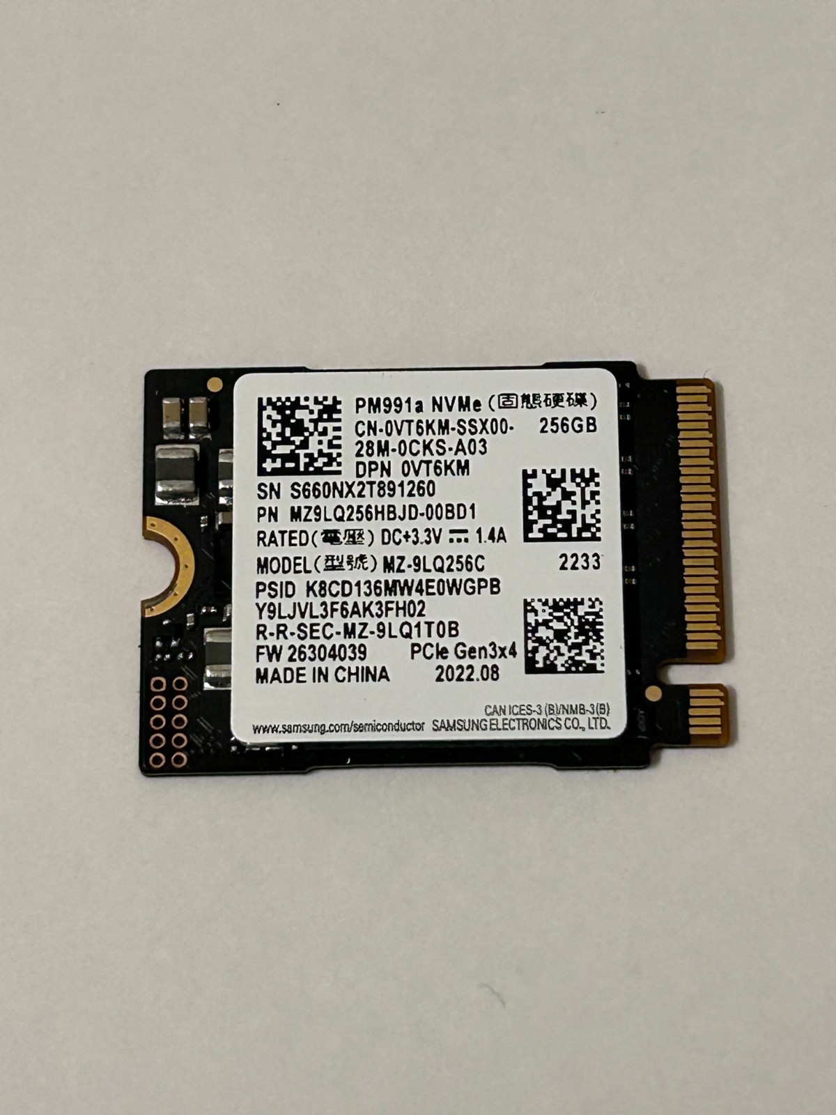 Dell Samsung 256GB M.2 NVMe 2230 SSD VT6KM PCIe Quick Ship