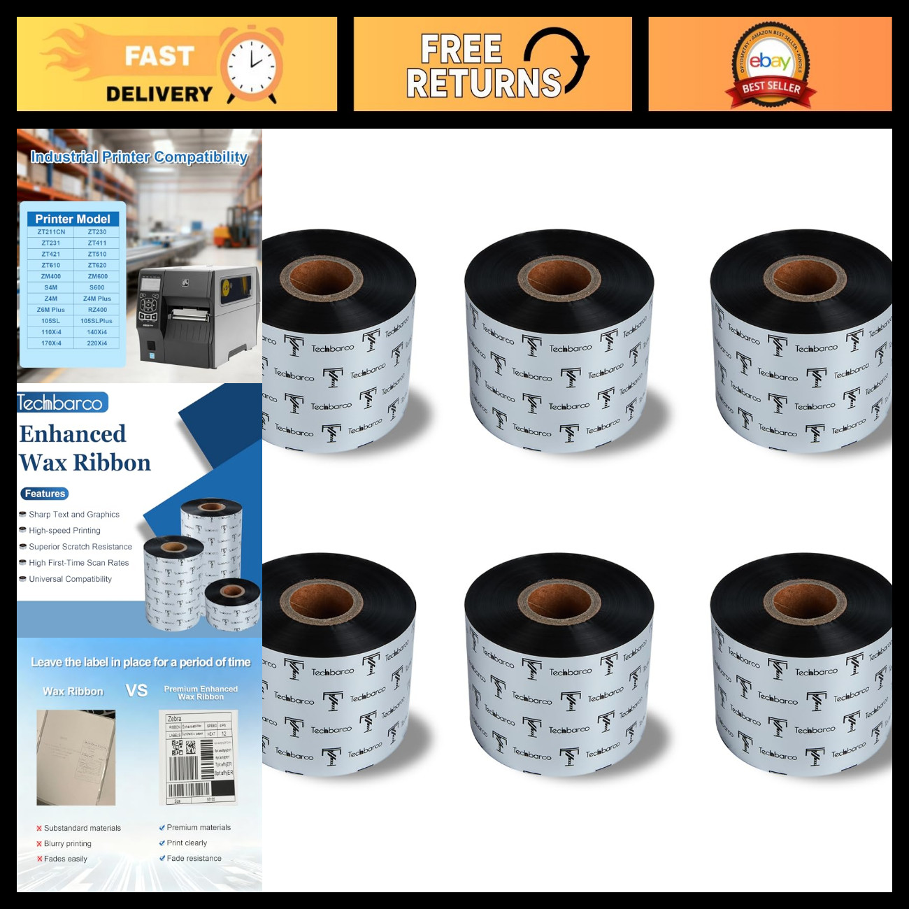 6 Rolls 2.36" x 1476' Premium Wax Thermal Transfer Ribbon for Label Printing