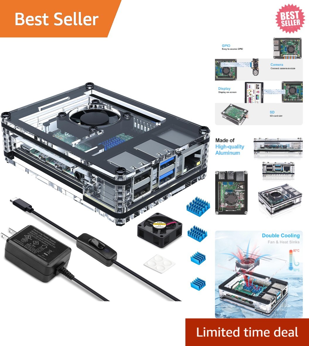 Stylish Raspberry Pi 4B Case with 30mm Fan, Heatsinks &  Certified Supply