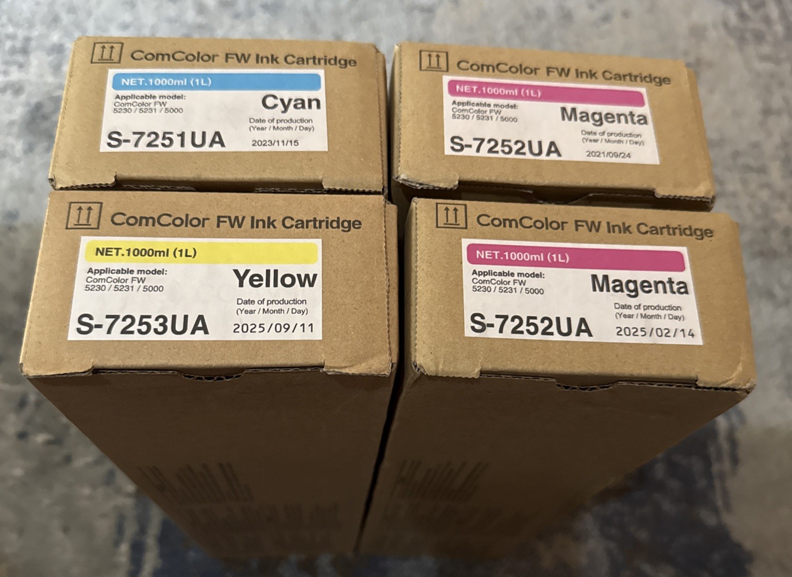 RISO S-7252UA MAGENTA YELLOW CYAN Ink ComColor FW CARTRIDGE LOT OF 4 NEW