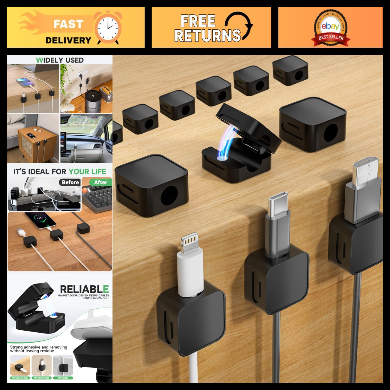 12 Magnetic Cable Clips - Black Organizer for Charging Cords & Wires, Tangle-Fre