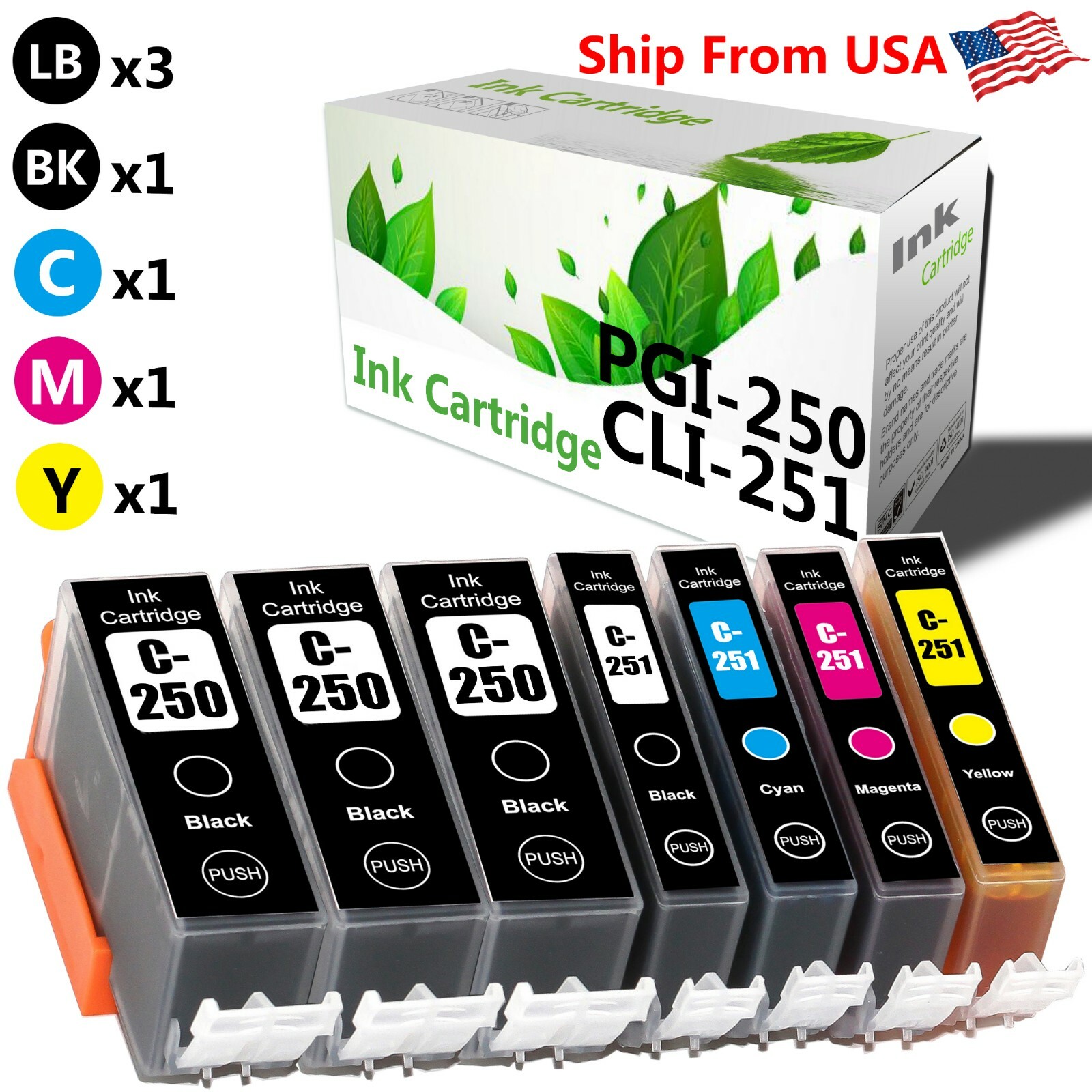 7 PK PGI250 CLI251 Ink Cartridge for Canon PIXMA MG5620 BK white MG6420