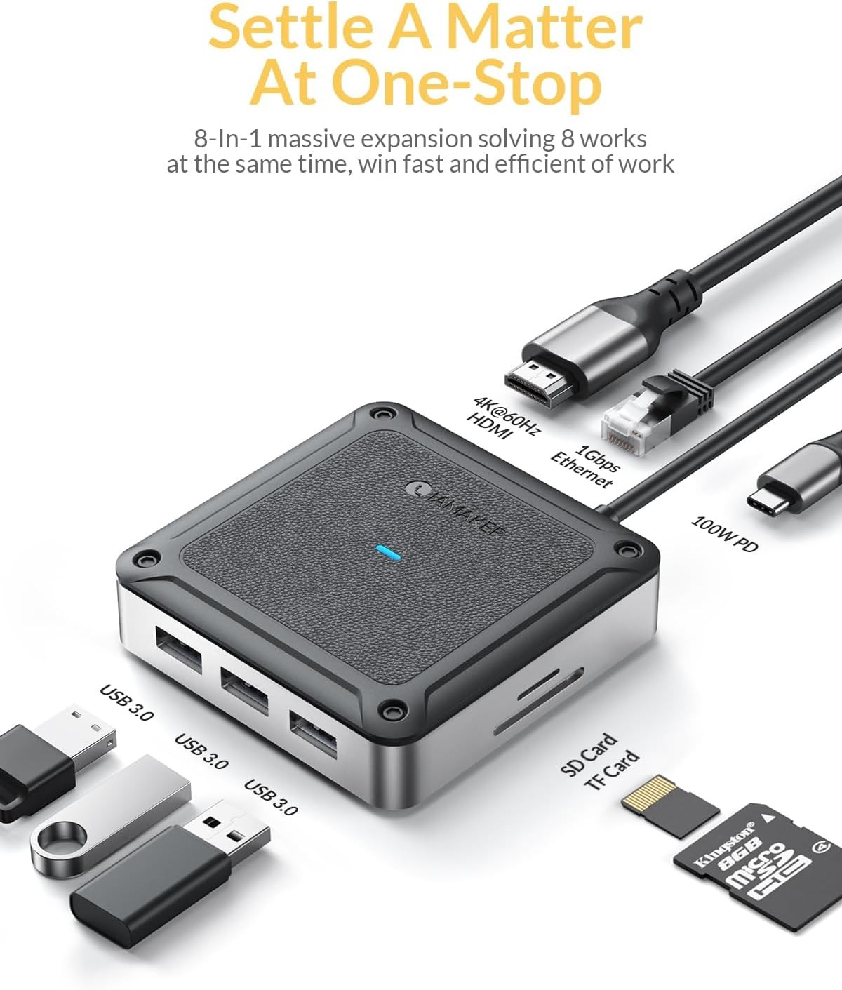6 8 in1 USB-C USB3.0 Hub Docking Station Adapter 4K HDMI PD 100W Ethernet For PC