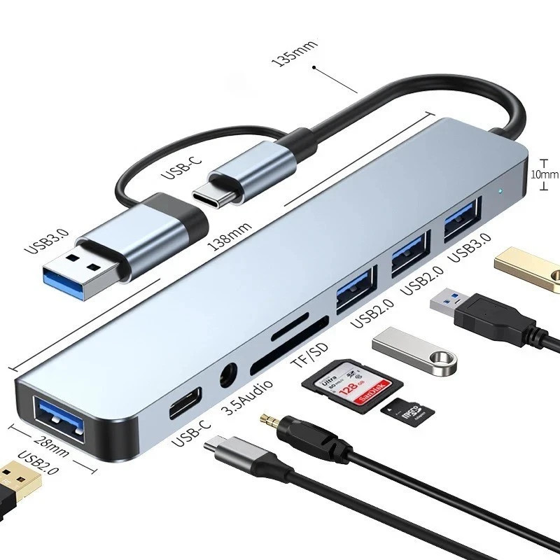 8 in 2 Port USB-C Hub Adapter - 5G Speed Multi Splitter for PC, Laptop & MacBook